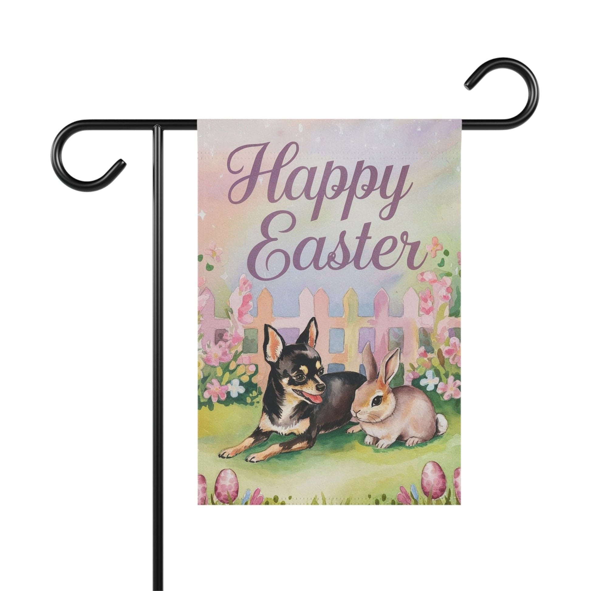 Printify Home Decor 12'' × 18'' Easter Garden Black and Tan Chihuahua, Festive Spring Garden Flag, Front Yard Decor, Gardener Gift