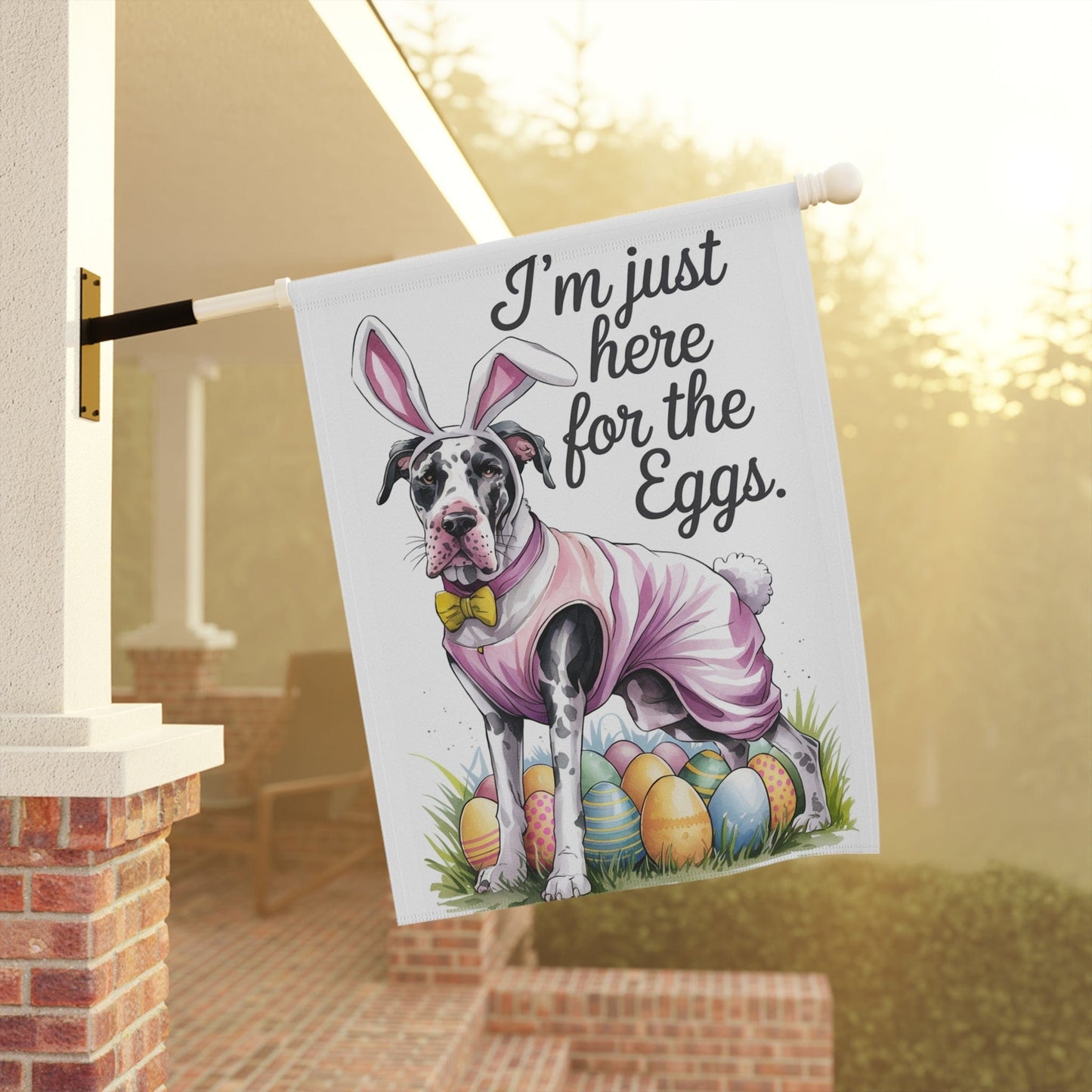 Printify Home Decor Easter Harlequin Great Dane Dog Yard Flag, Holiday garden flag, front yard decor