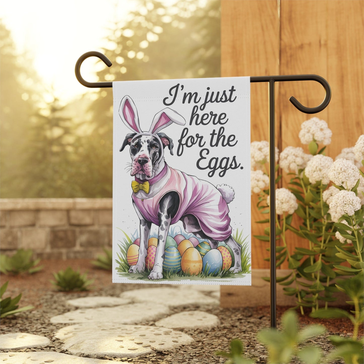 Printify Home Decor Easter Harlequin Great Dane Dog Yard Flag, Holiday garden flag, front yard decor