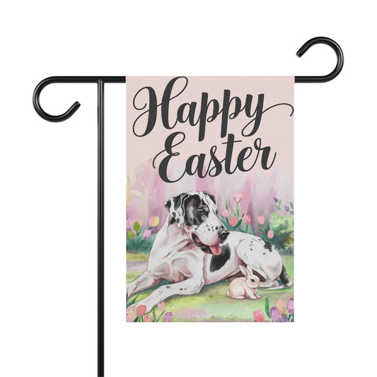 Printify Home Decor 12'' × 18'' Easter Harlequin Great Dane Yard Flag, Floral Spring Garden Flag, Front Yard Decor
