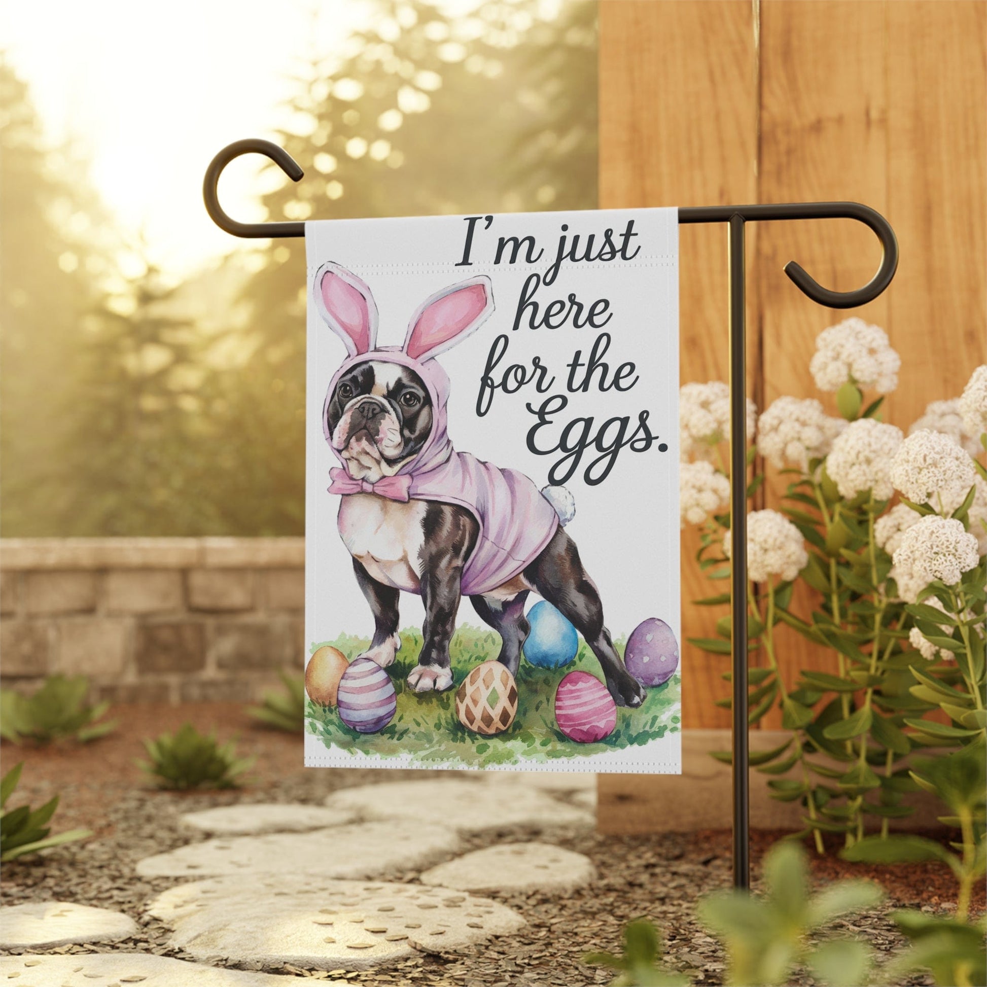 Printify Home Decor Easter Piebald Frenchie Dog Yard Flag, Colorful Humorous Funny Garden Flag