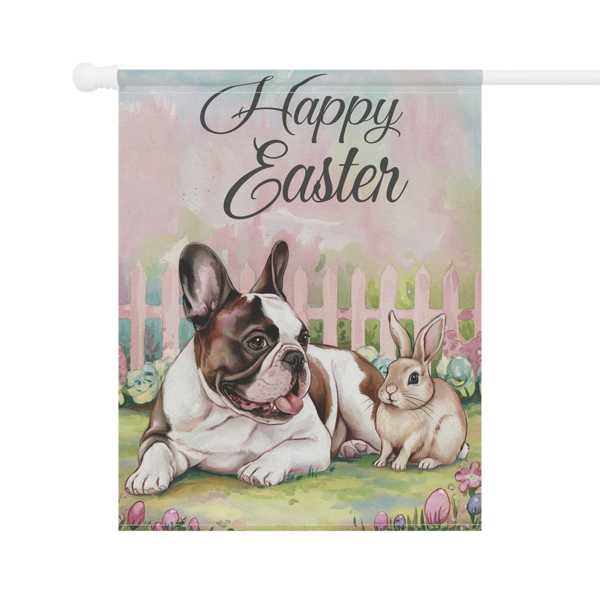 Printify Home Decor Easter Piebald Frenchie Garden Flag, French Bulldog Front Yard Decor, Spring Decor, Housewarming