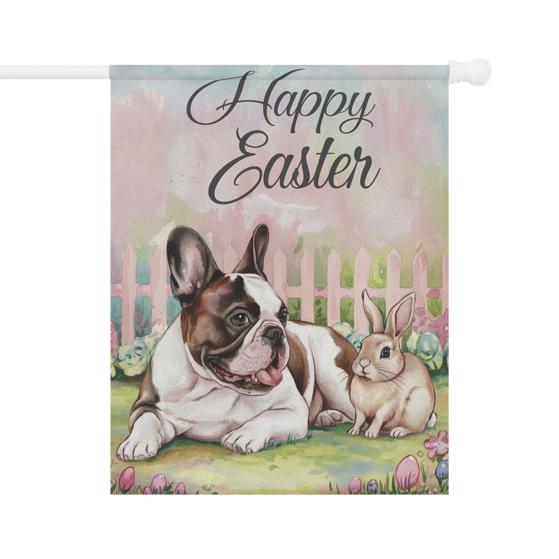Printify Home Decor 24.5'' × 32'' Easter Piebald Frenchie Garden Flag, French Bulldog Front Yard Decor, Spring Decor, Housewarming