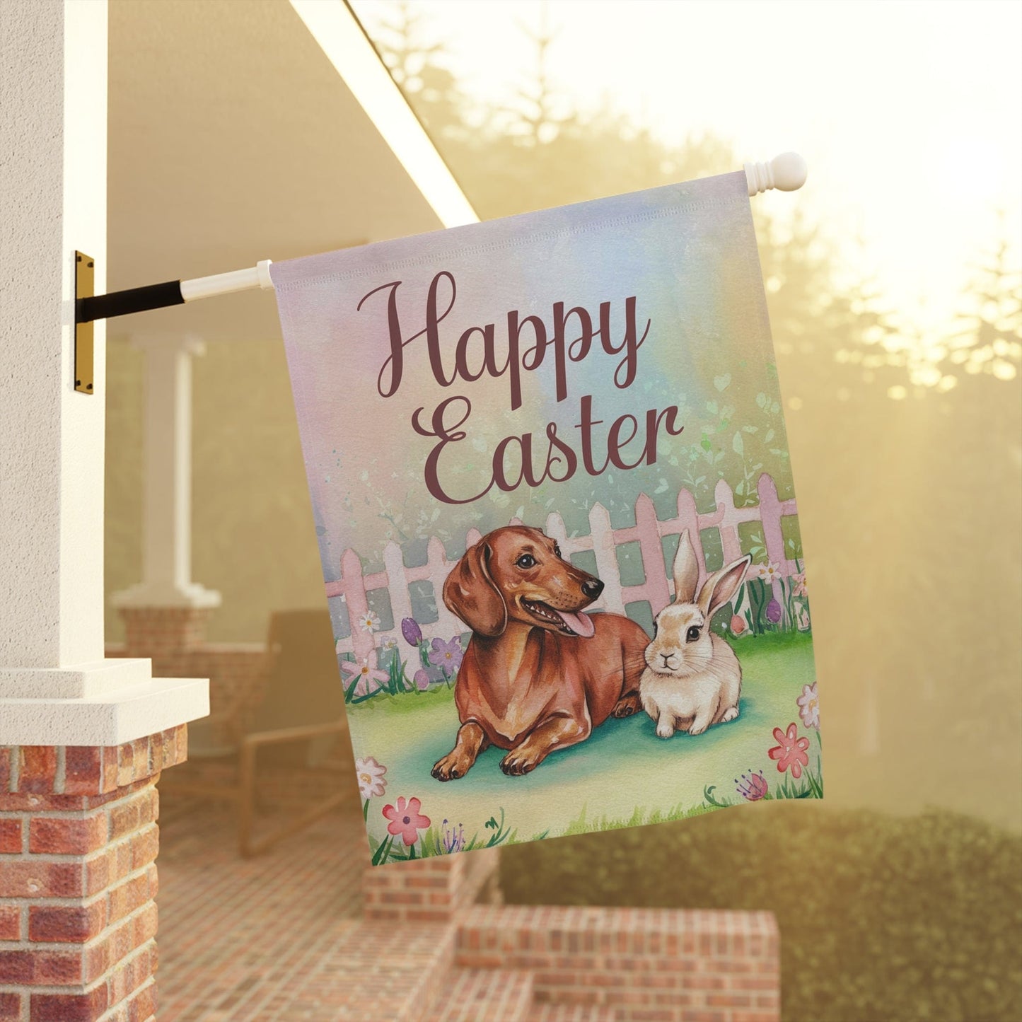 Printify Home Decor Easter Red Dachshund and Rabbit Illustration, Whimsical Spring garden flag