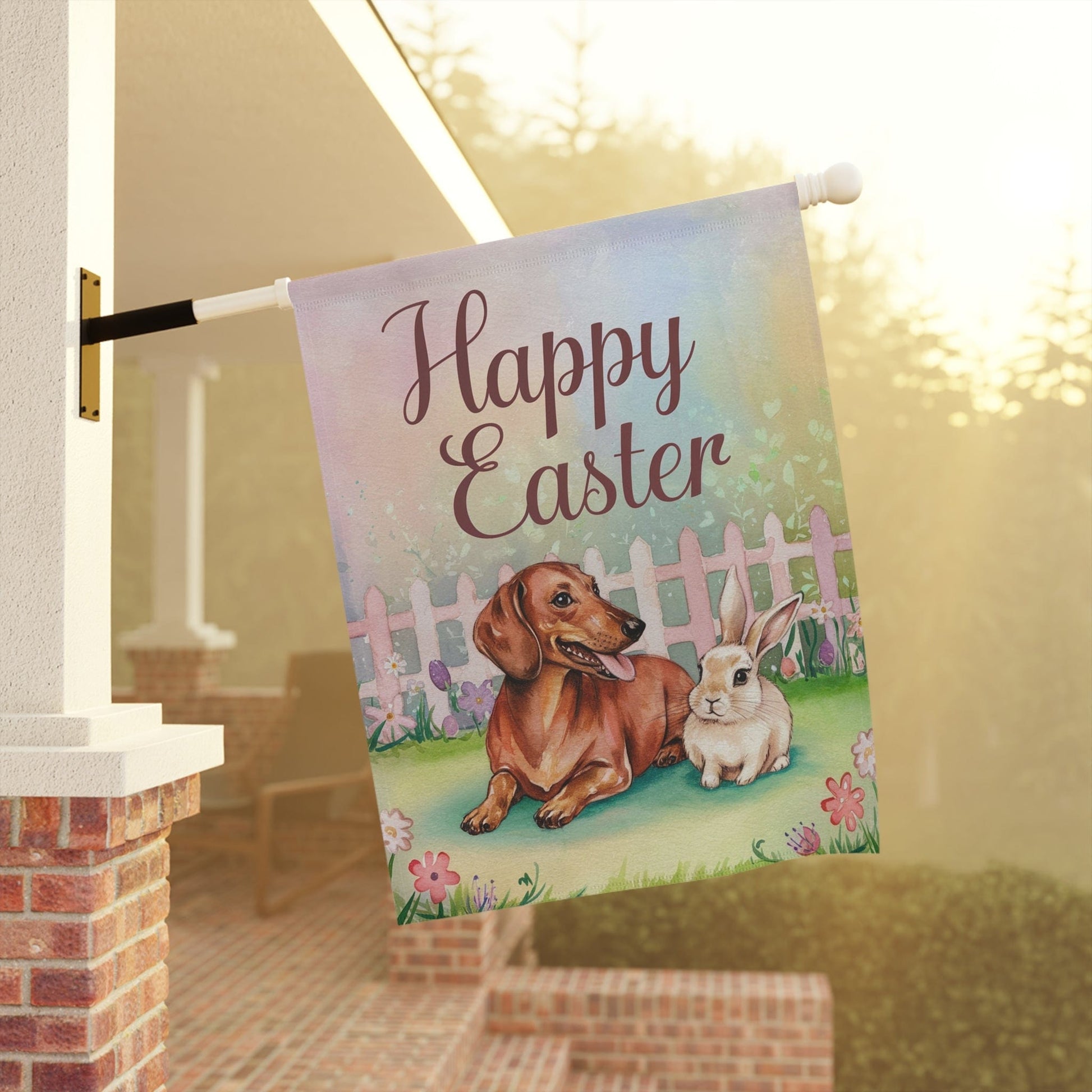 Printify Home Decor Easter Red Dachshund and Rabbit Illustration, Whimsical Spring garden flag