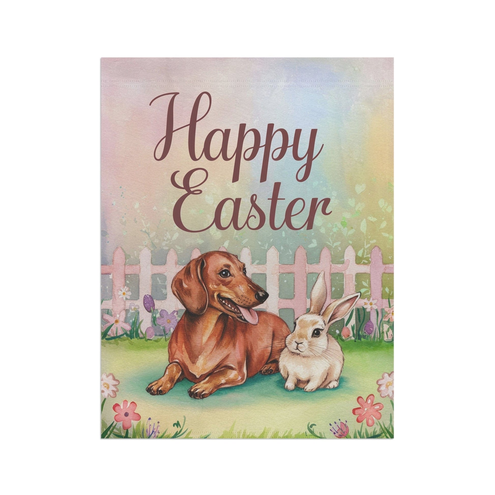 Printify Home Decor Easter Red Dachshund and Rabbit Illustration, Whimsical Spring garden flag