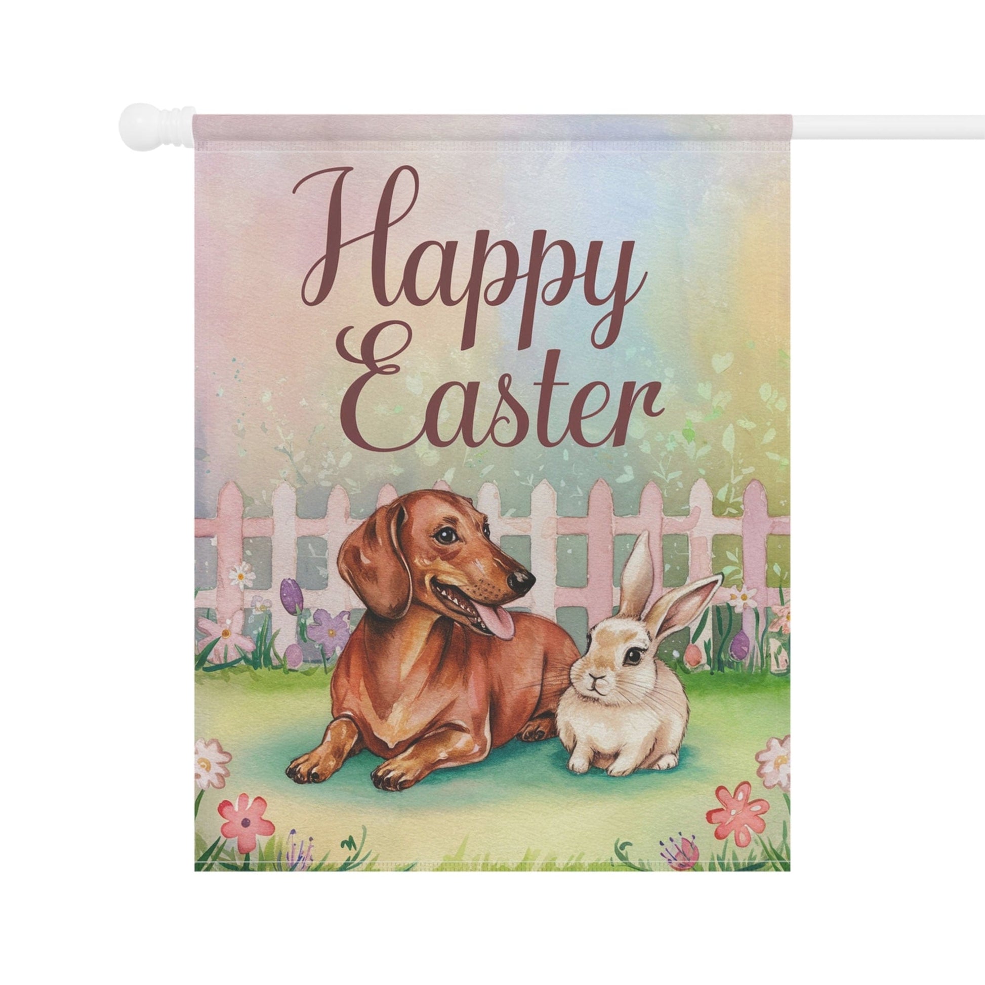 Printify Home Decor Easter Red Dachshund and Rabbit Illustration, Whimsical Spring garden flag