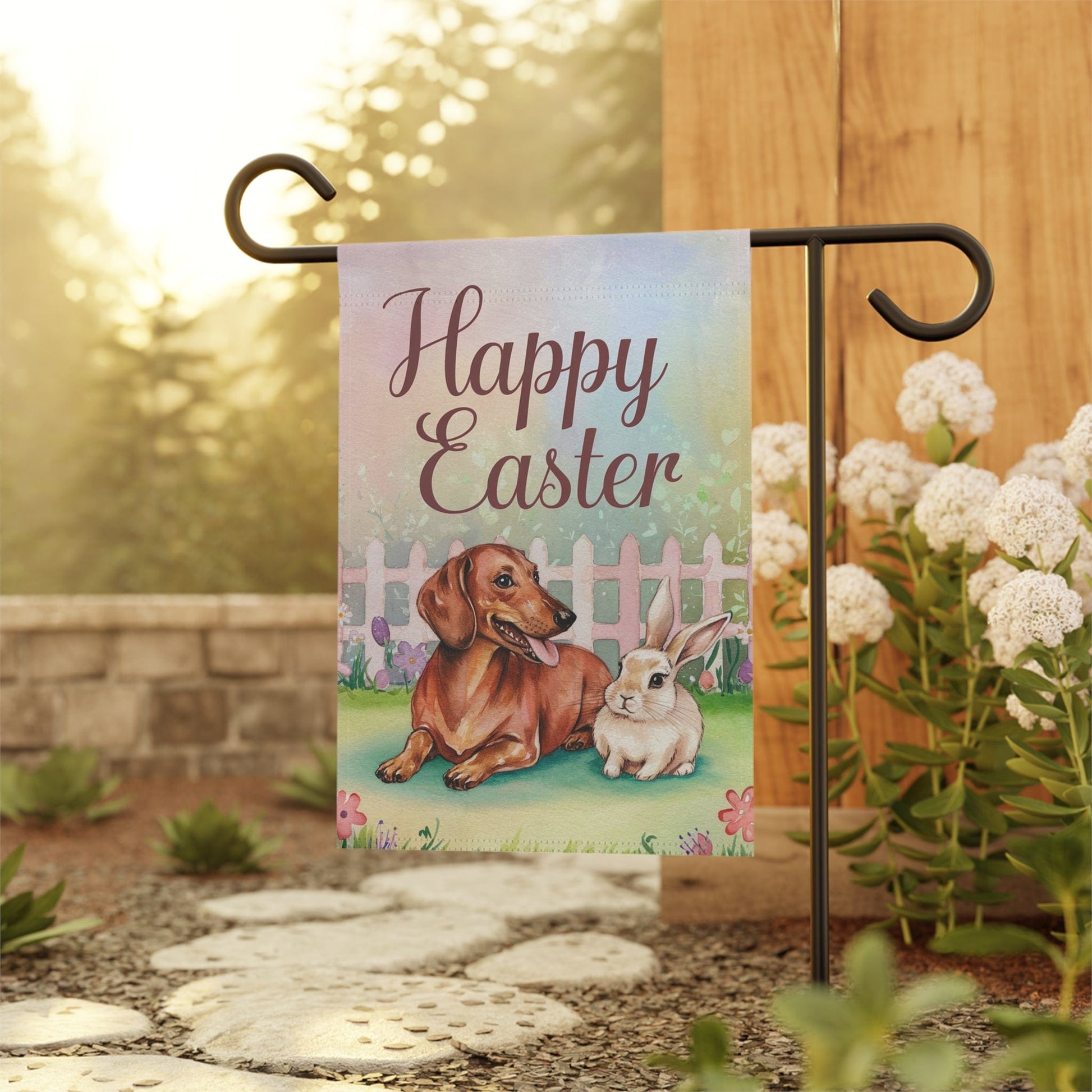 Printify Home Decor Easter Red Dachshund and Rabbit Illustration, Whimsical Spring garden flag