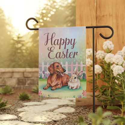 Printify Home Decor Easter Red Dachshund and Rabbit Illustration, Whimsical Spring garden flag
