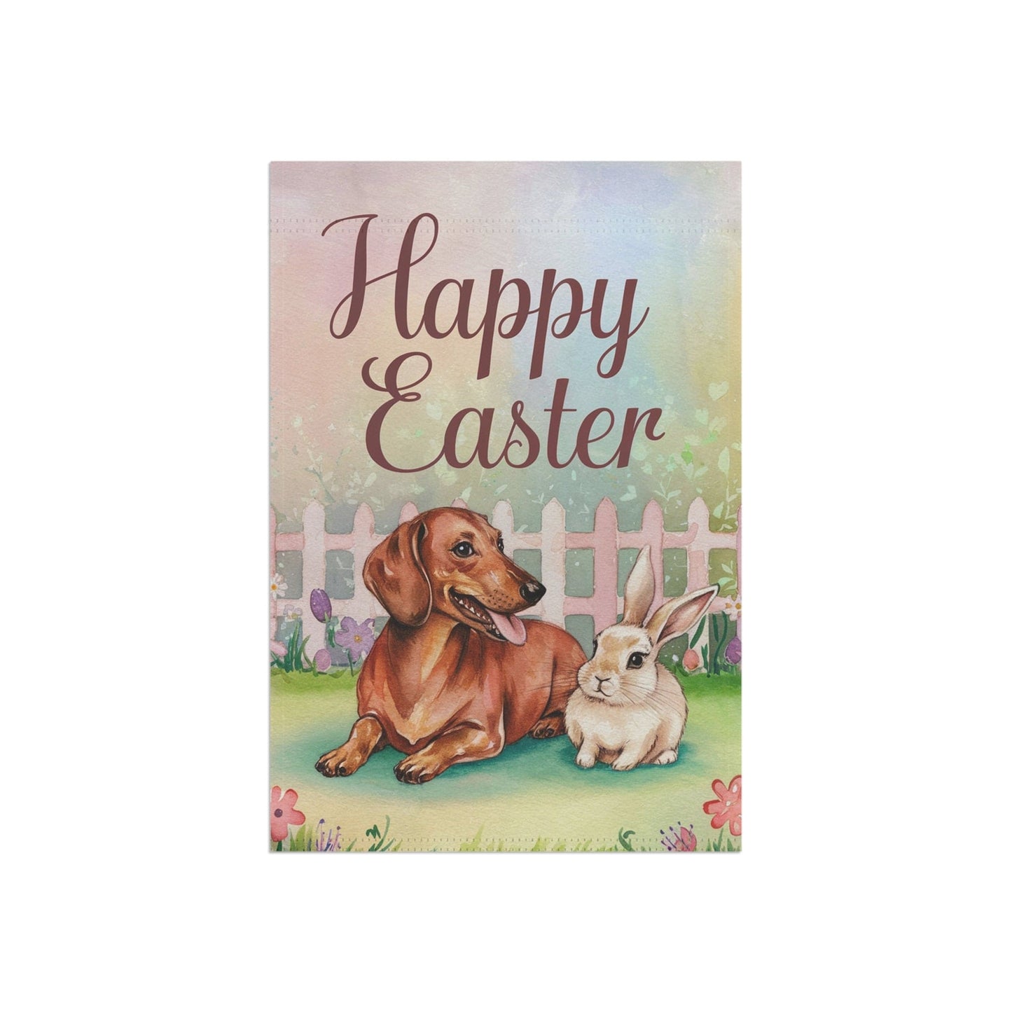 Printify Home Decor Easter Red Dachshund and Rabbit Illustration, Whimsical Spring garden flag