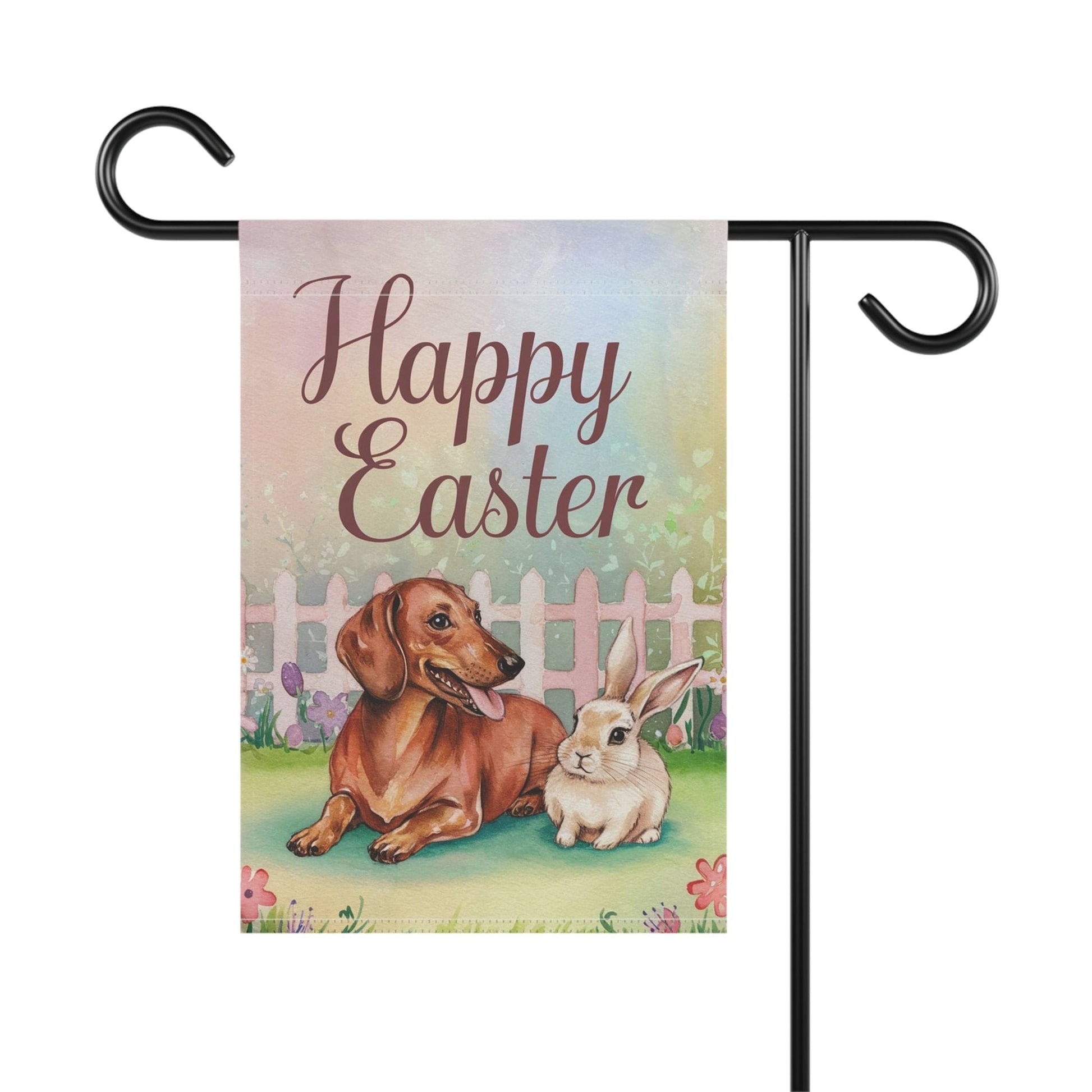 Printify Home Decor Easter Red Dachshund and Rabbit Illustration, Whimsical Spring garden flag