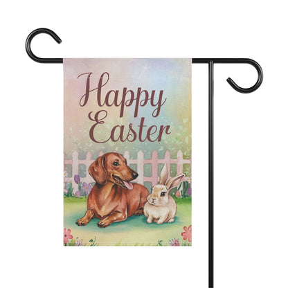 Printify Home Decor Easter Red Dachshund and Rabbit Illustration, Whimsical Spring garden flag