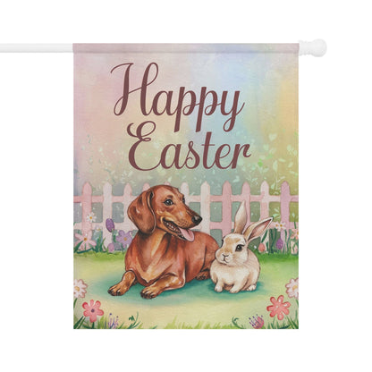 Printify Home Decor 24.5'' × 32'' Easter Red Dachshund and Rabbit Illustration, Whimsical Spring garden flag