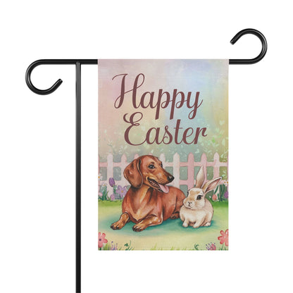 Printify Home Decor 12'' × 18'' Easter Red Dachshund and Rabbit Illustration, Whimsical Spring garden flag