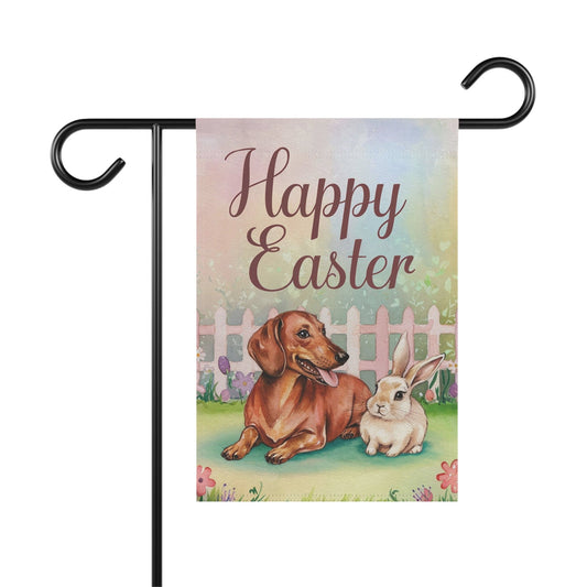 Printify Home Decor 12'' × 18'' Easter Red Dachshund and Rabbit Illustration, Whimsical Spring garden flag