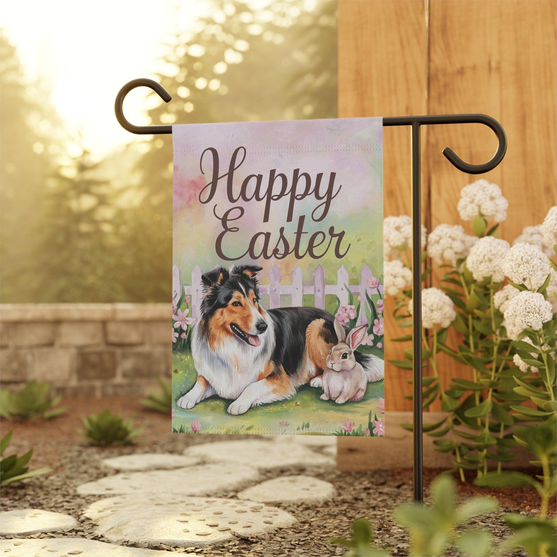 Printify Home Decor Easter Rough Collie Garden Decor, Spring Garden Flag, Front Yard Decor, Housewarming Gardener Gift