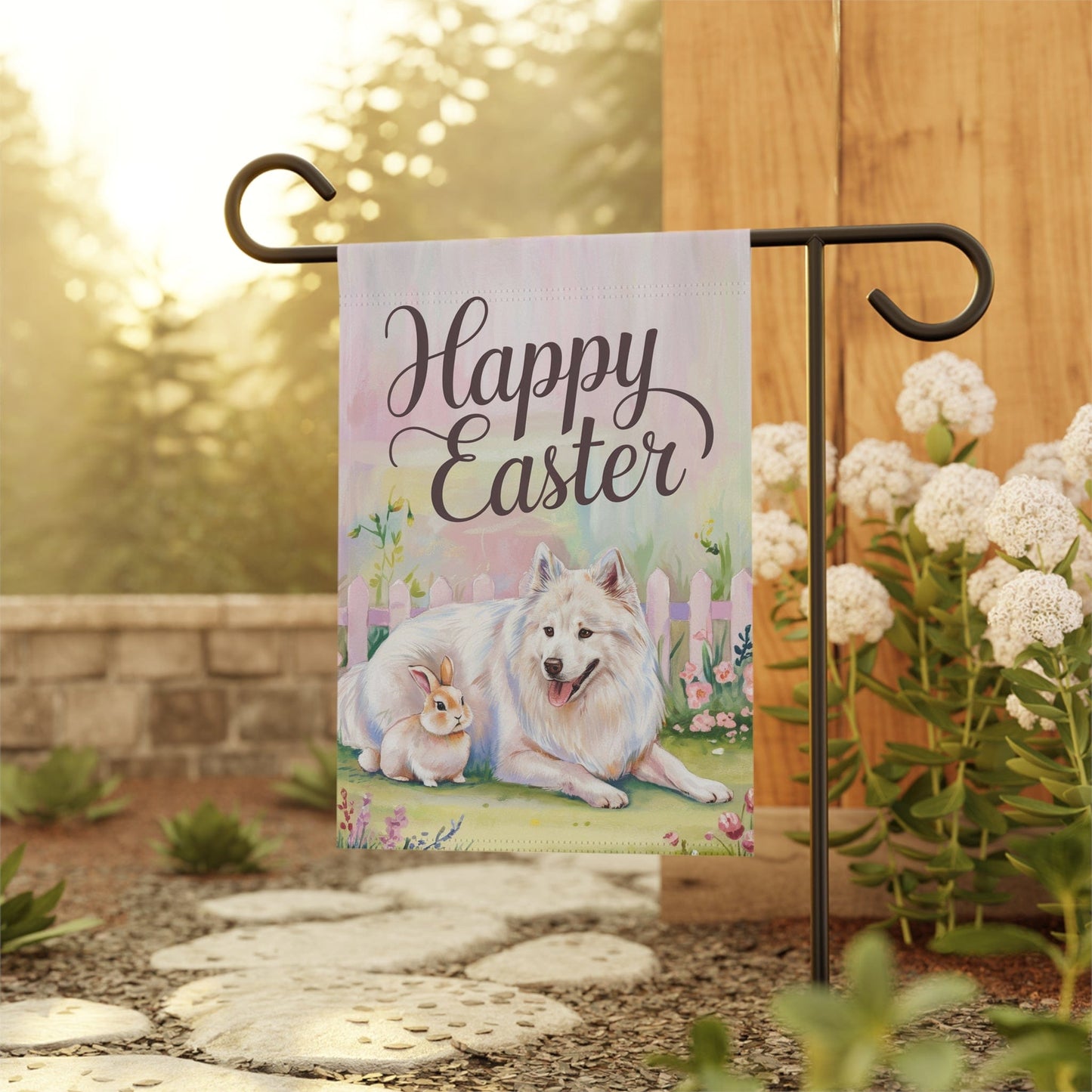 Printify Home Decor Easter Samoyed Garden Flag, Front Yard Spring Decor, Housewarming Gardener Gift