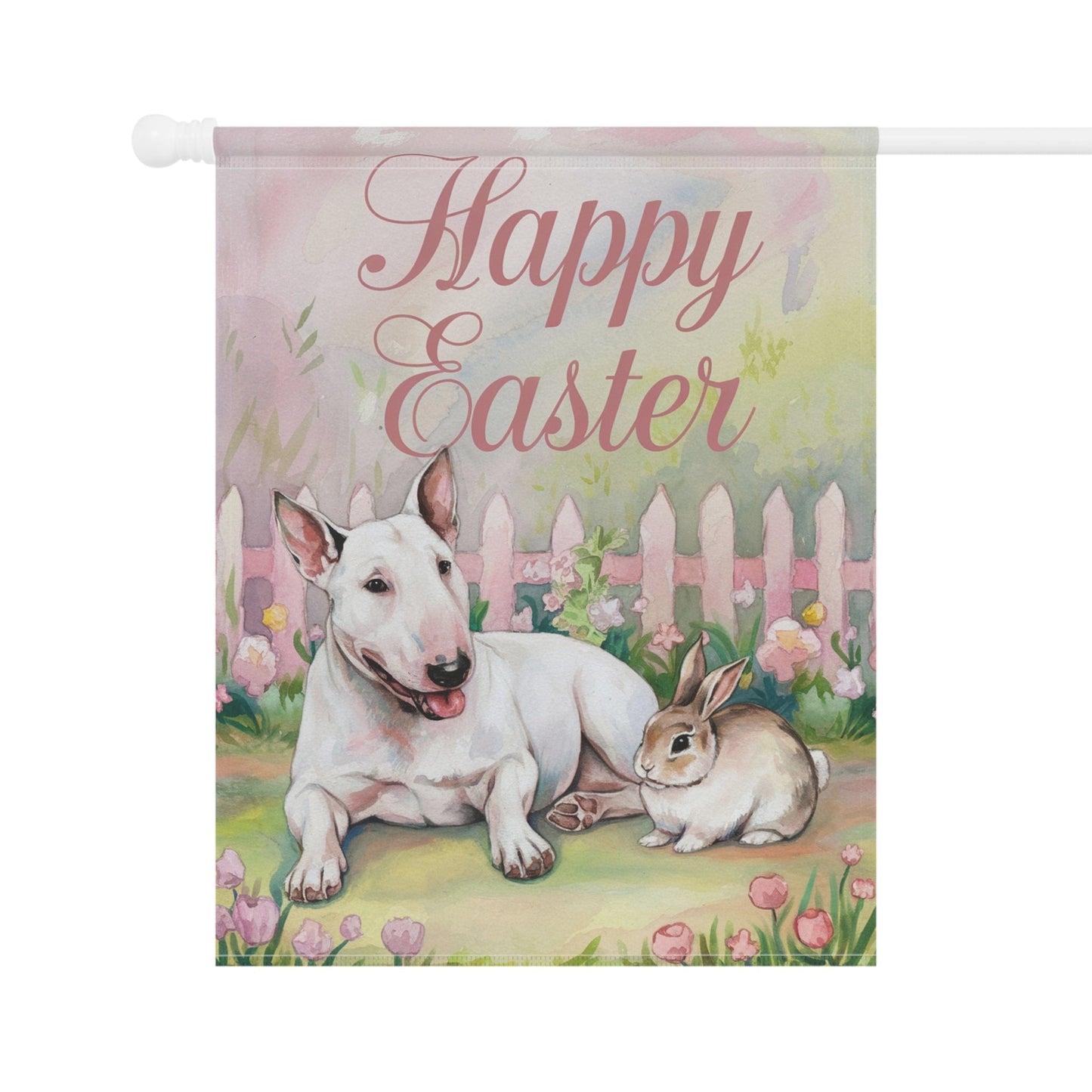 Printify Home Decor Easter White Bull Terrier Garden Flag, Spring Front Yard Decor, Gardener Gift