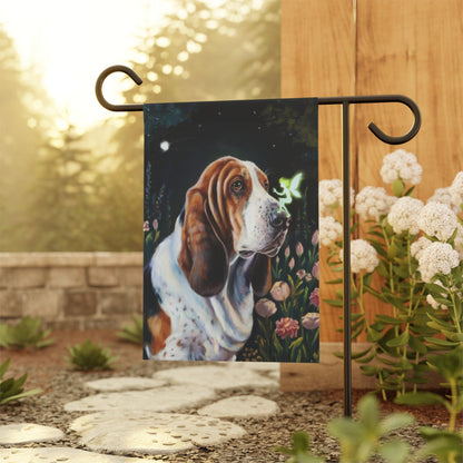Printify Home Decor Fairies Garden Banner, Basset Hound Flag, Housewarming Yard Sign, Fantasy Decor
