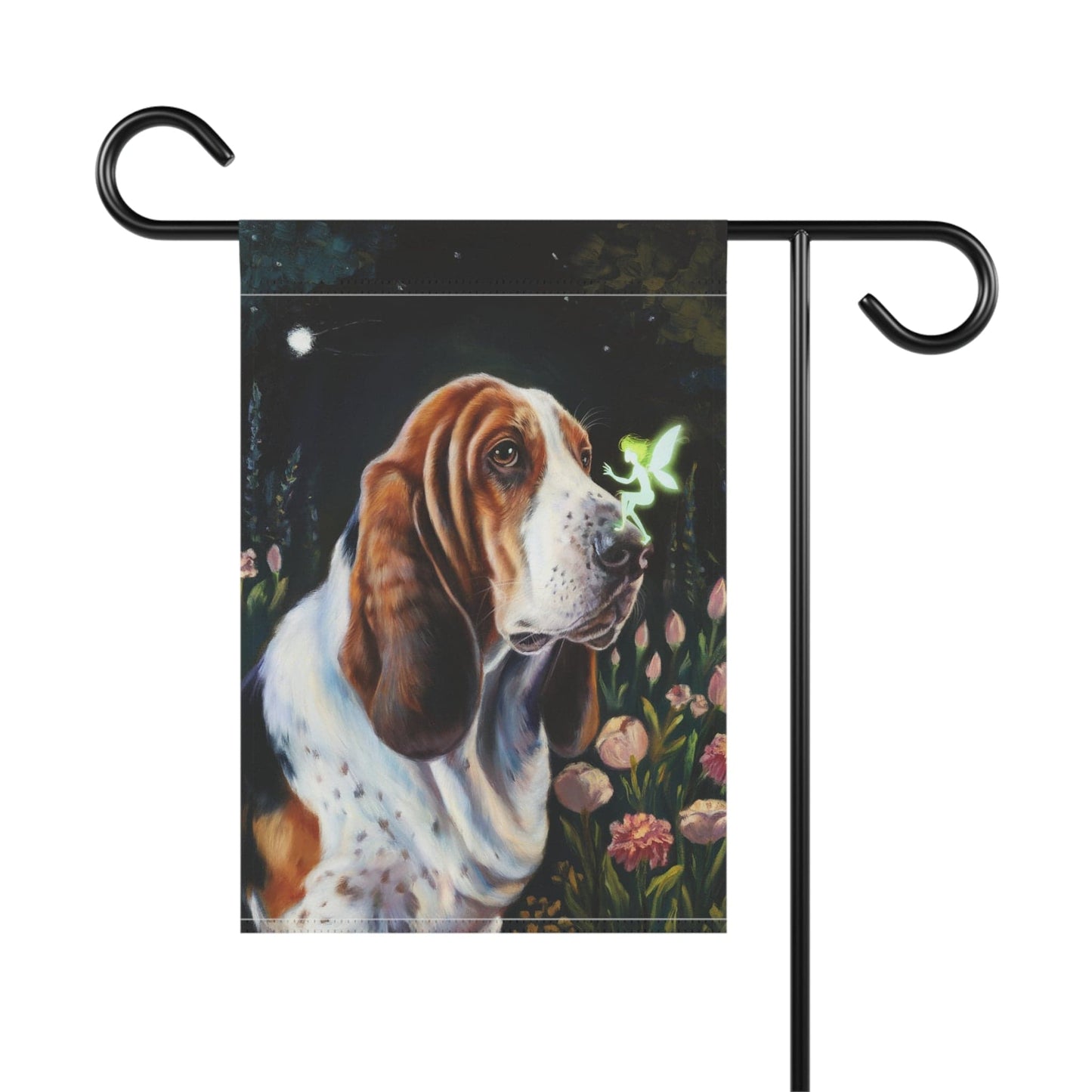 Printify Home Decor Fairies Garden Banner, Basset Hound Flag, Housewarming Yard Sign, Fantasy Decor