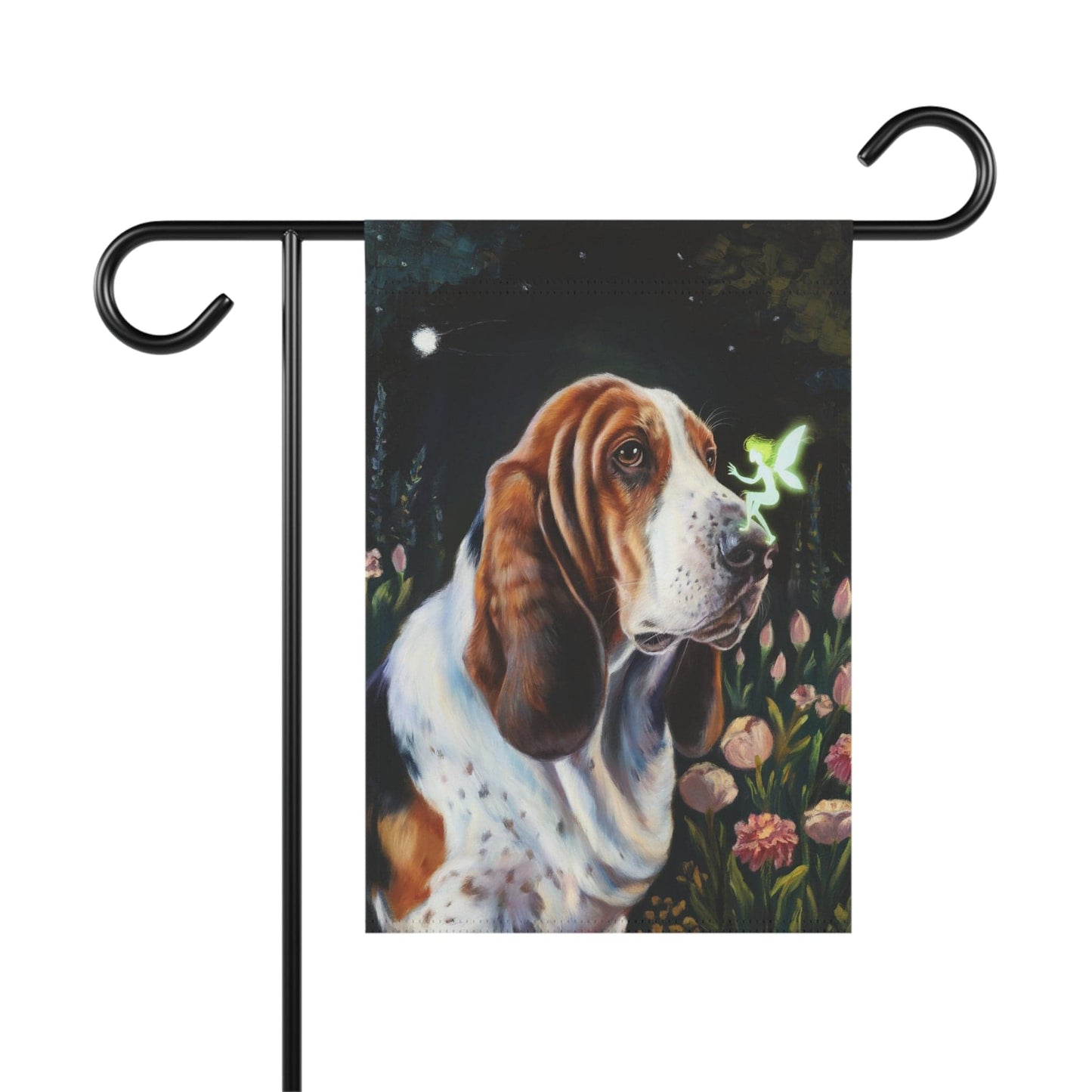 Printify Home Decor 12'' × 18'' Fairies Garden Banner, Basset Hound Flag, Housewarming Yard Sign, Fantasy Decor