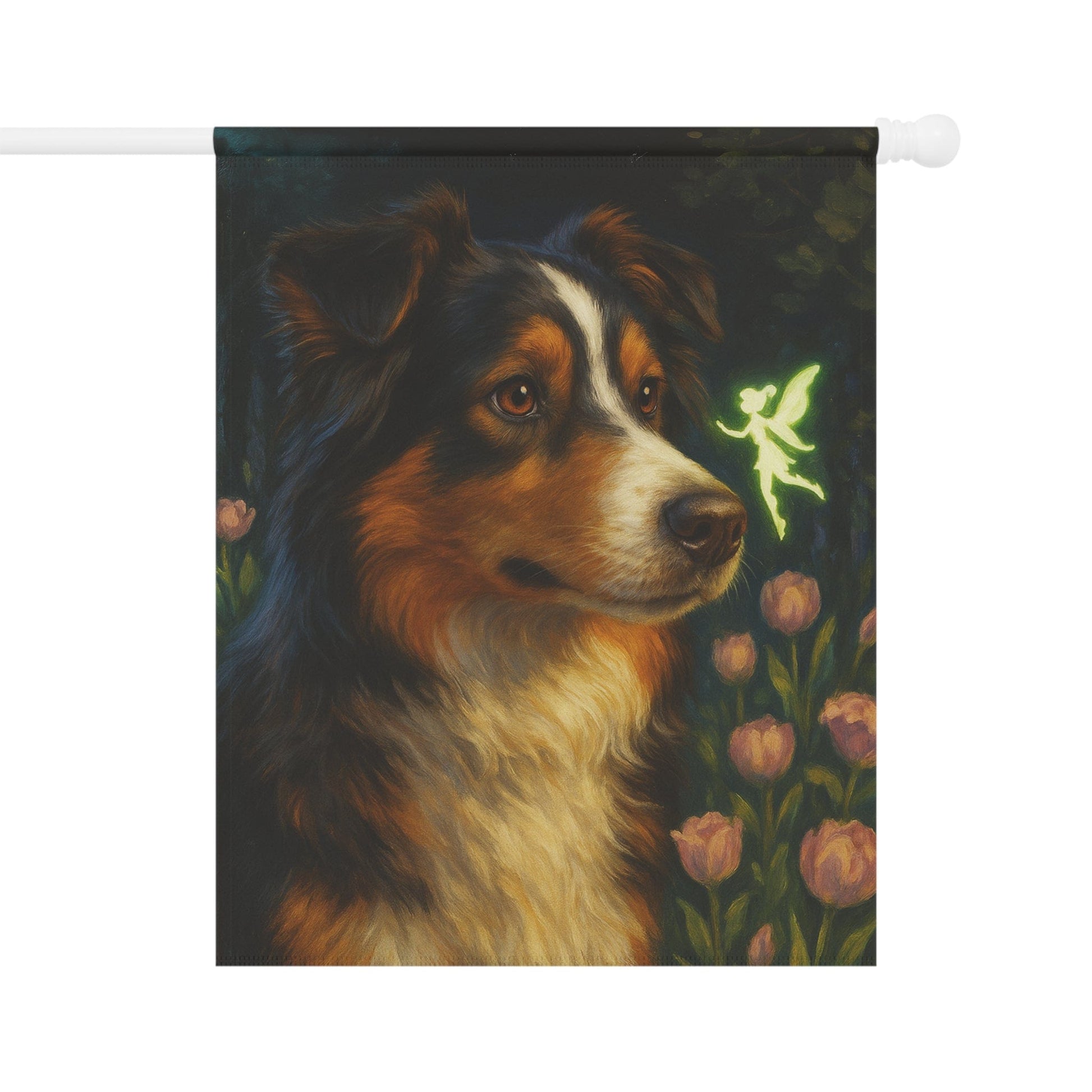 Printify Home Decor 24.5'' × 32'' Fairy Garden Banner, Australian Shepherd Flag, Tinkerbell Housewarming Yard Sign, Moving Gift