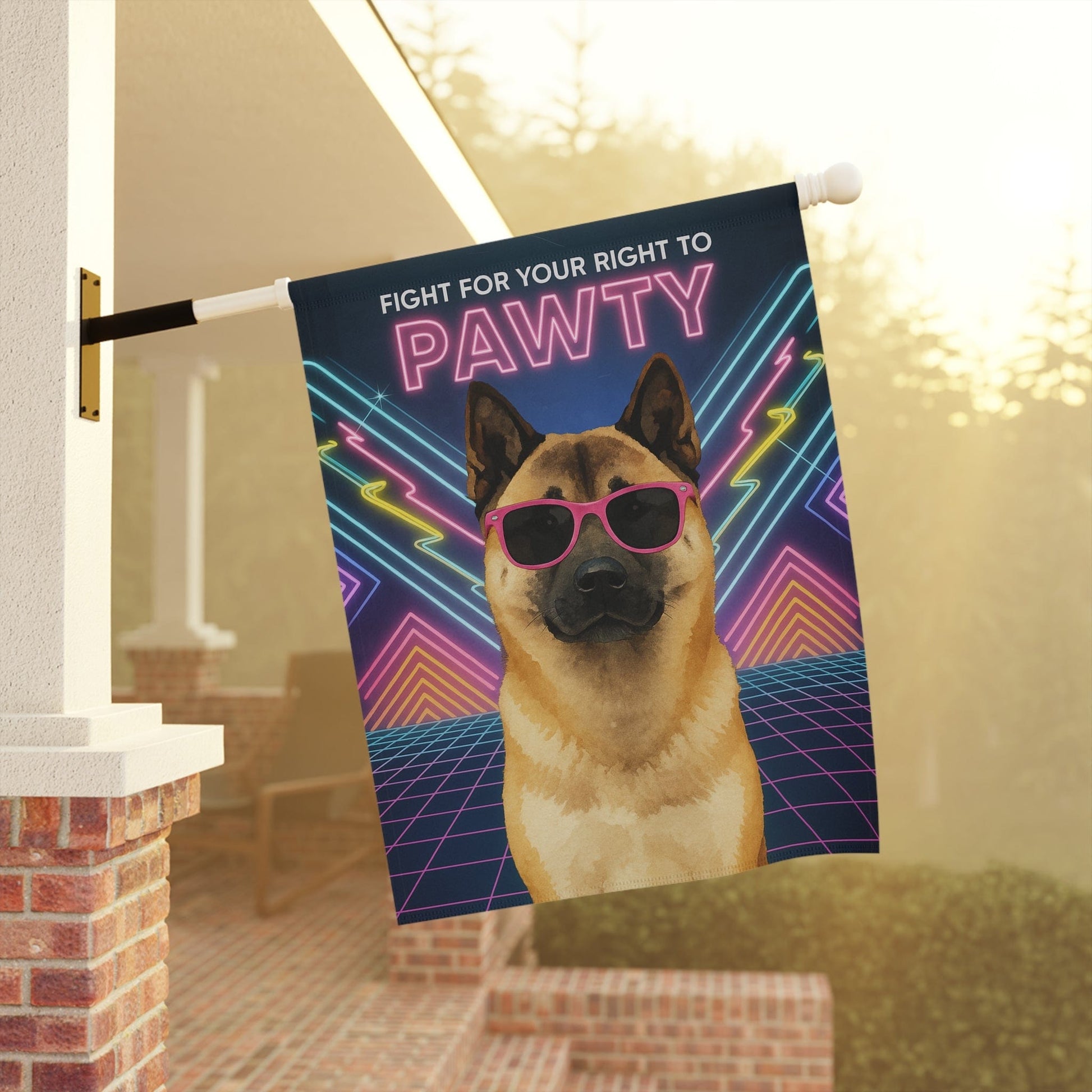 Printify Home Decor Fawn American Akita Dog, 80s Party Retro-Futuristic Garden Flag, Front Yard Spring Decor