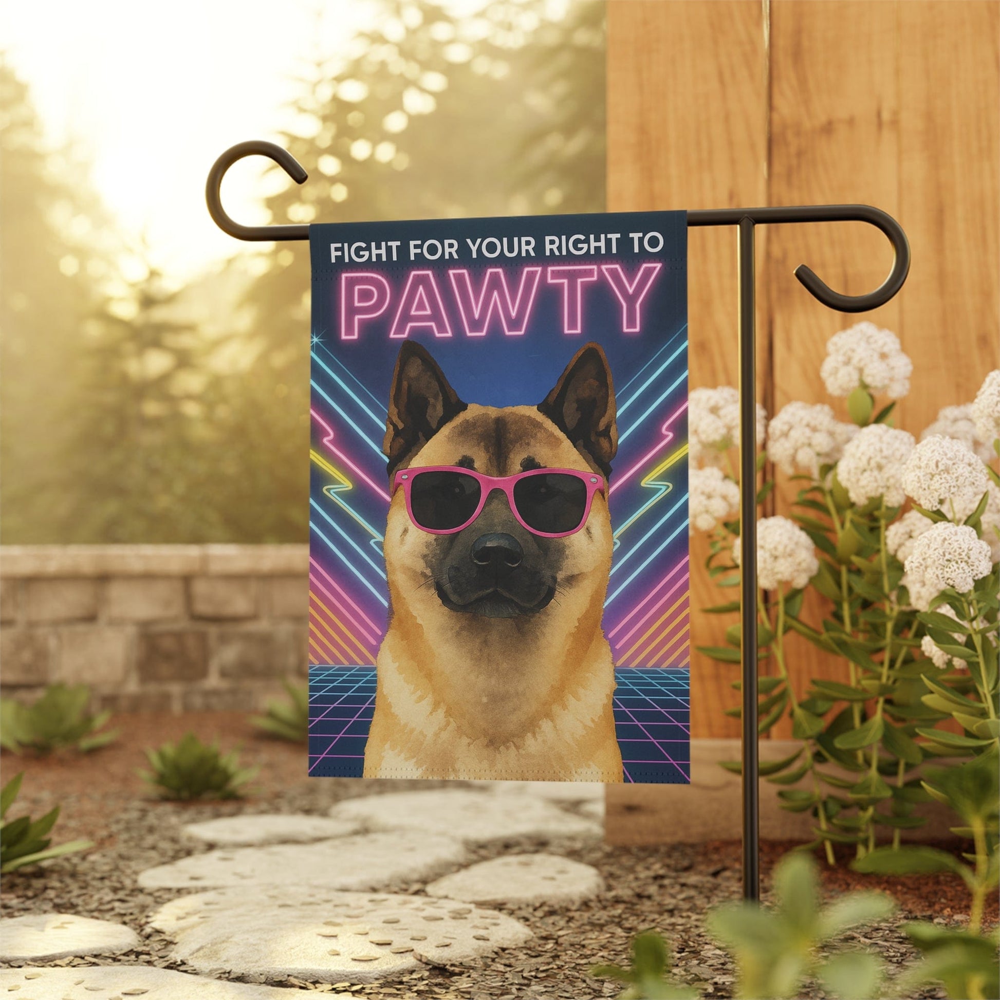 Printify Home Decor Fawn American Akita Dog, 80s Party Retro-Futuristic Garden Flag, Front Yard Spring Decor