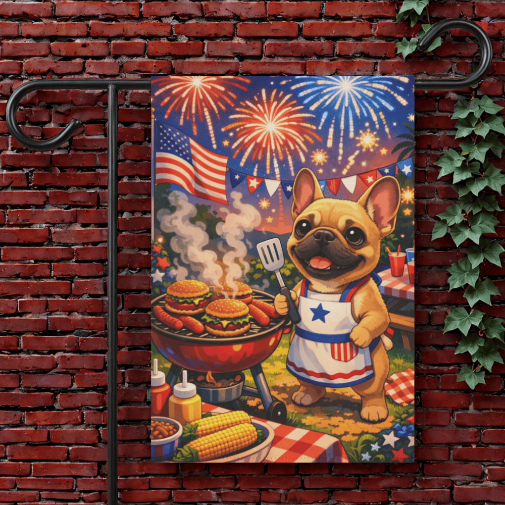 Fawn French Bulldog 4th of July America Garden Flag 12'' × 18''