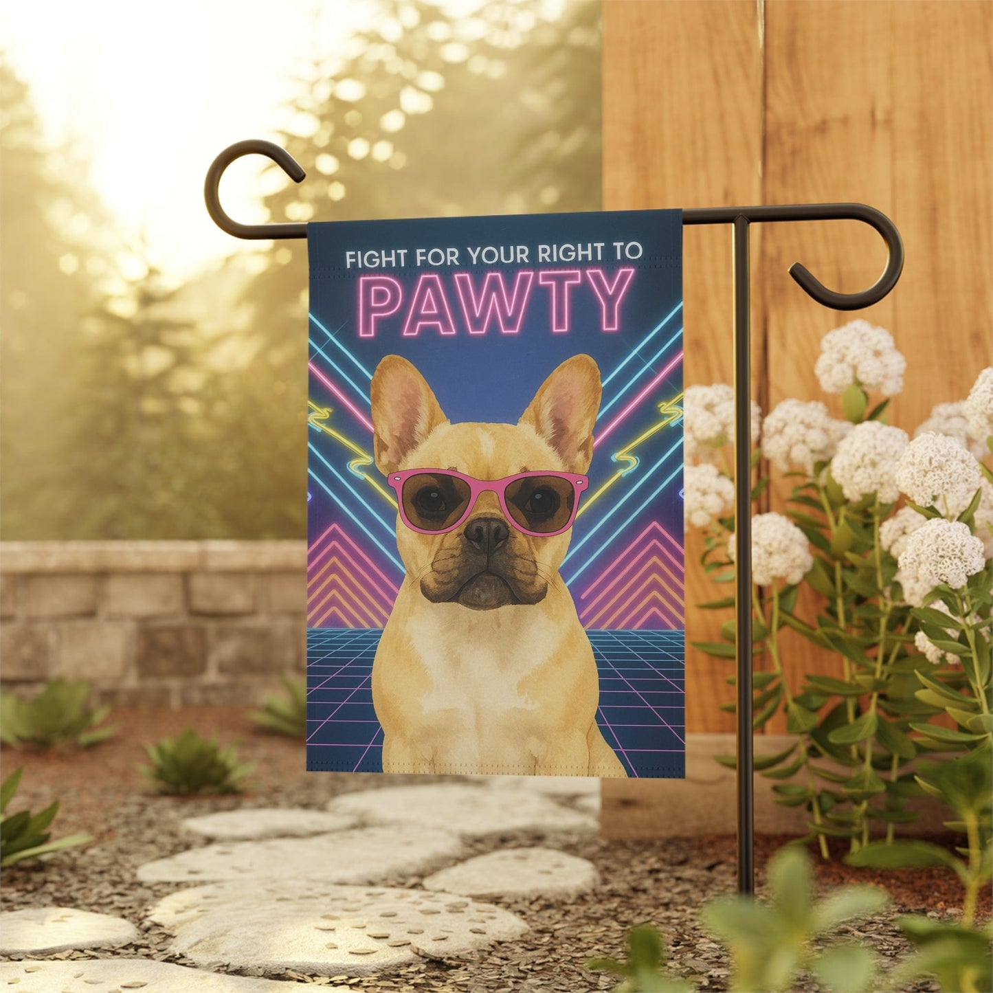 Printify Garden Flag Fawn French Bulldog 80s Party Garden Flag