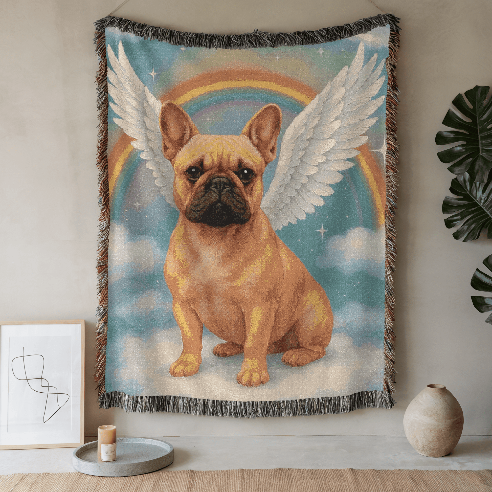 Printify Blanket 52'' × 37'' Fawn French Bulldog Angel Woven Blanket