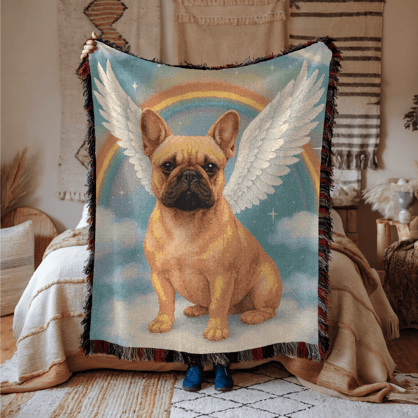 Printify Blanket Fawn French Bulldog Angel Woven Blanket