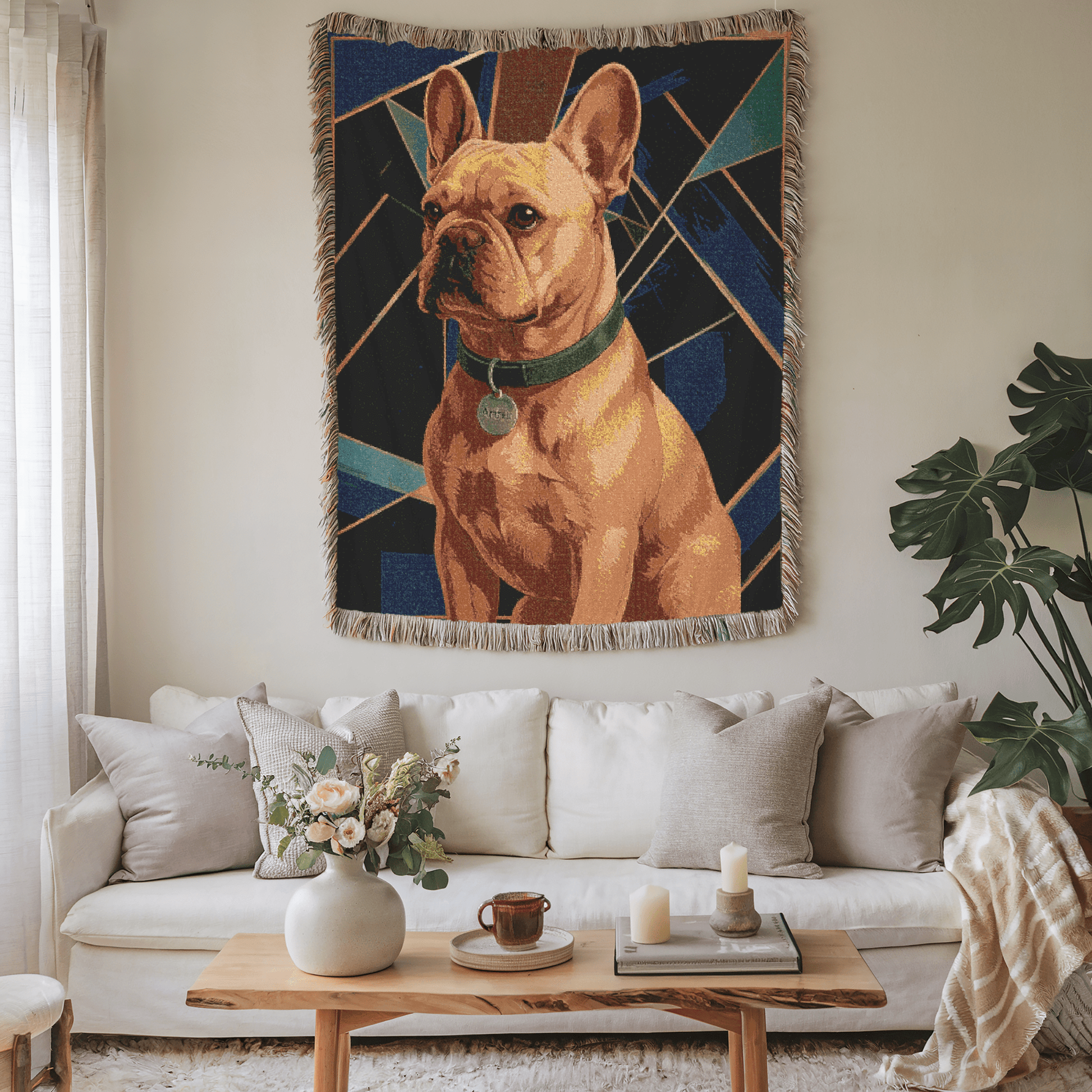 Printify Blanket Fawn French Bulldog Art Deco Woven Blanket