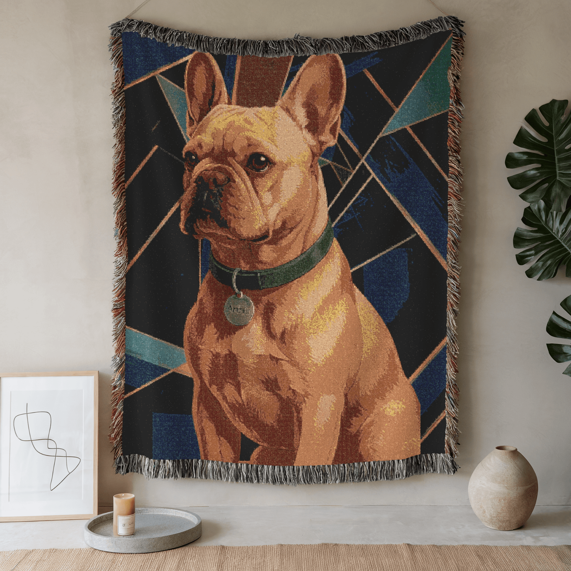 Printify Blanket 52'' × 37'' Fawn French Bulldog Art Deco Woven Blanket