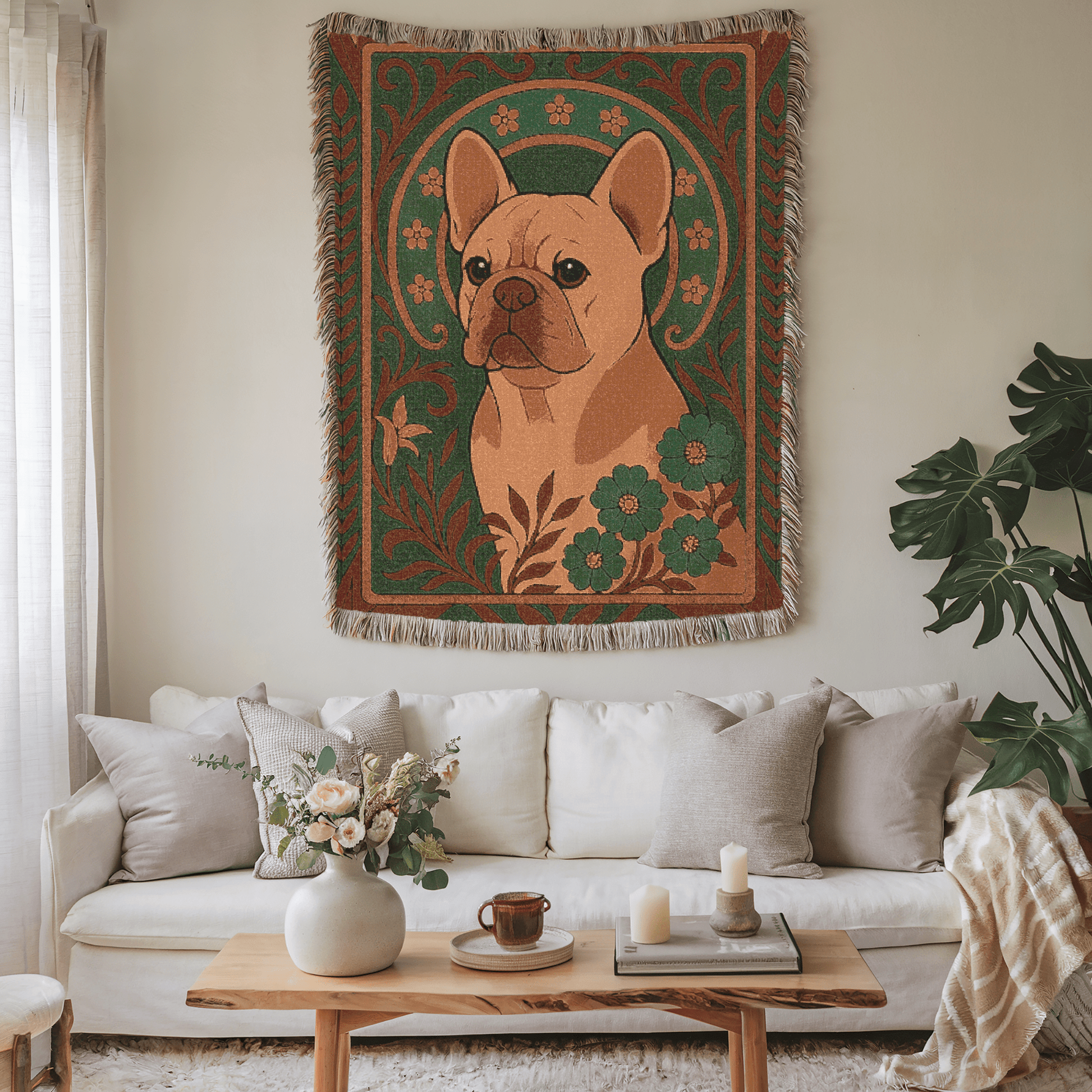 Printify Blanket Fawn French Bulldog Art Deco Woven Blanket