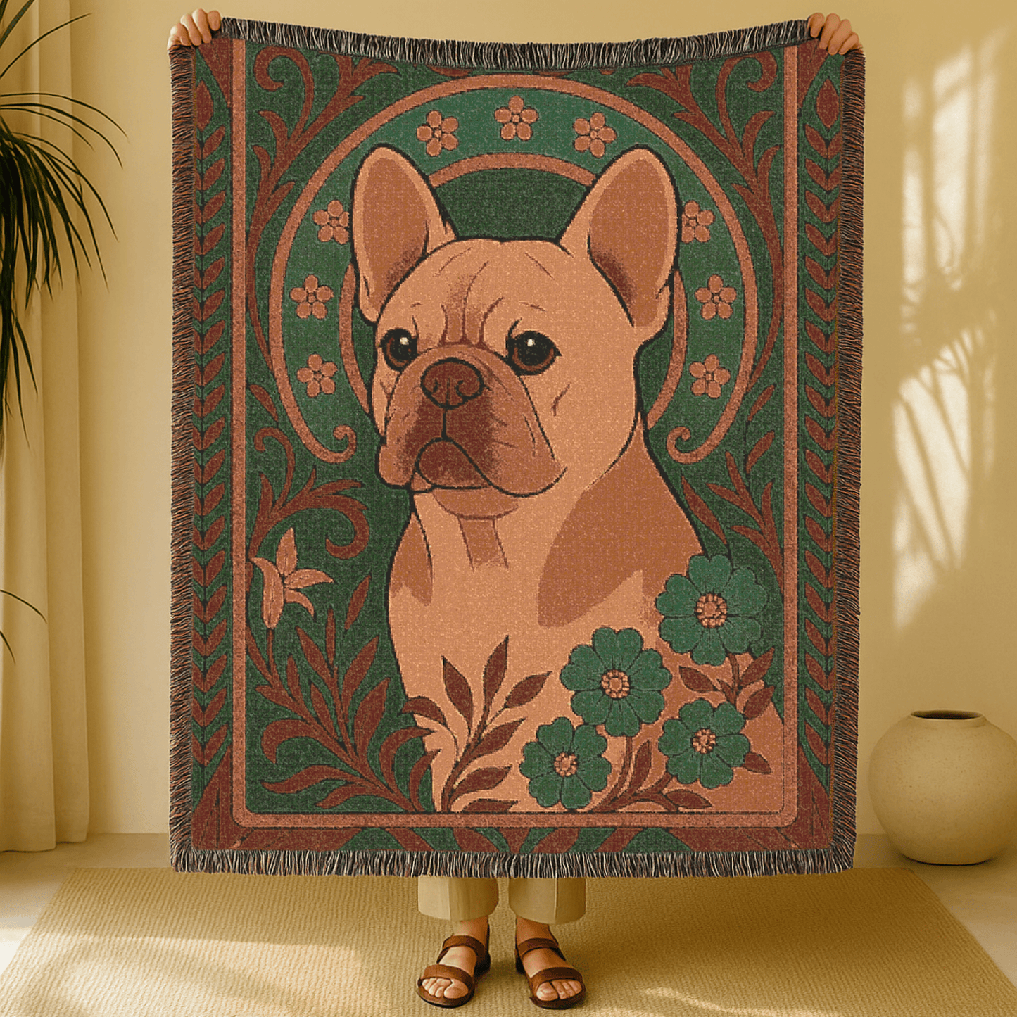 Printify Blanket Fawn French Bulldog Art Deco Woven Blanket
