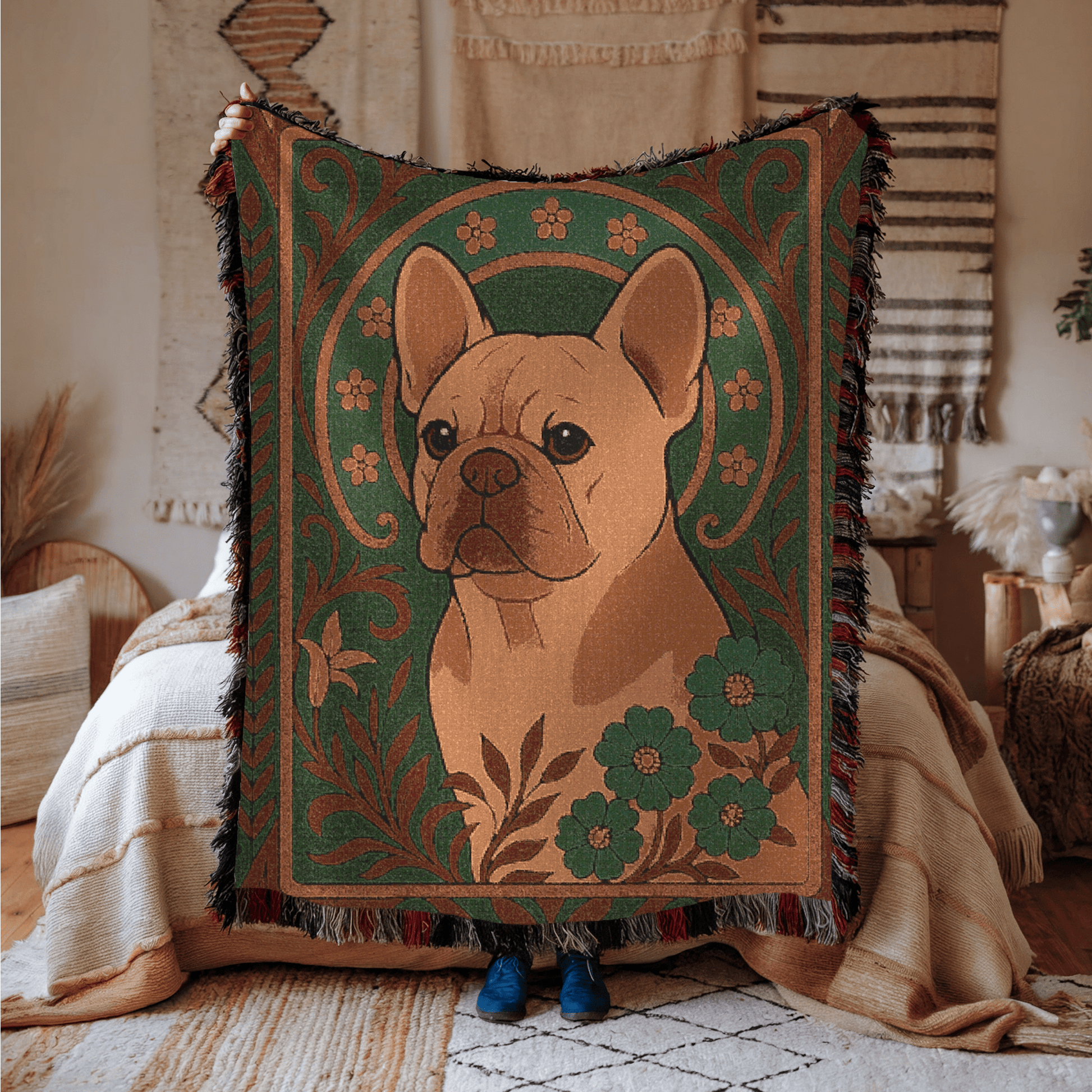 Printify Blanket Fawn French Bulldog Art Deco Woven Blanket