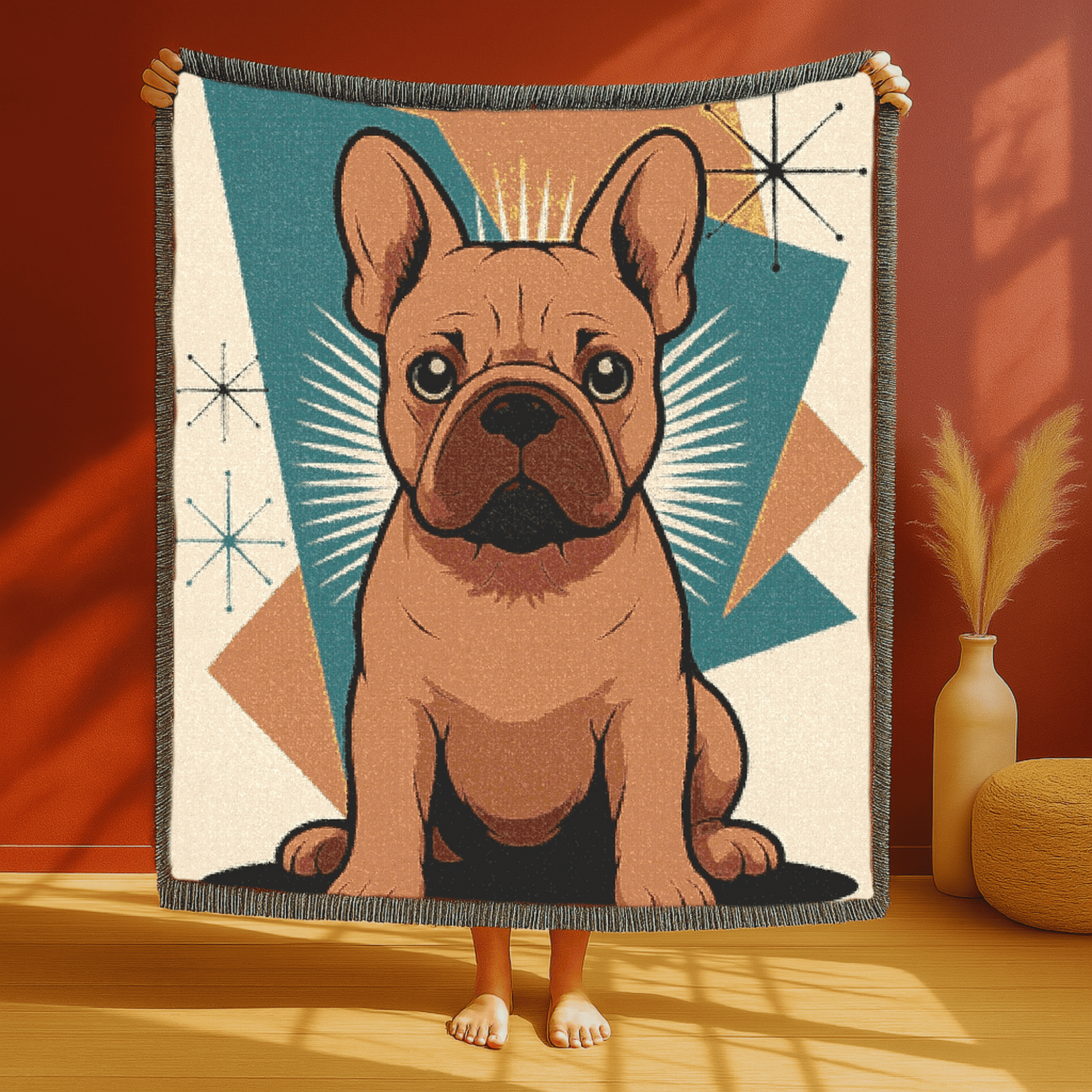 Printify Blanket Fawn French Bulldog Atomic Mid Century Modern Throw Blanket