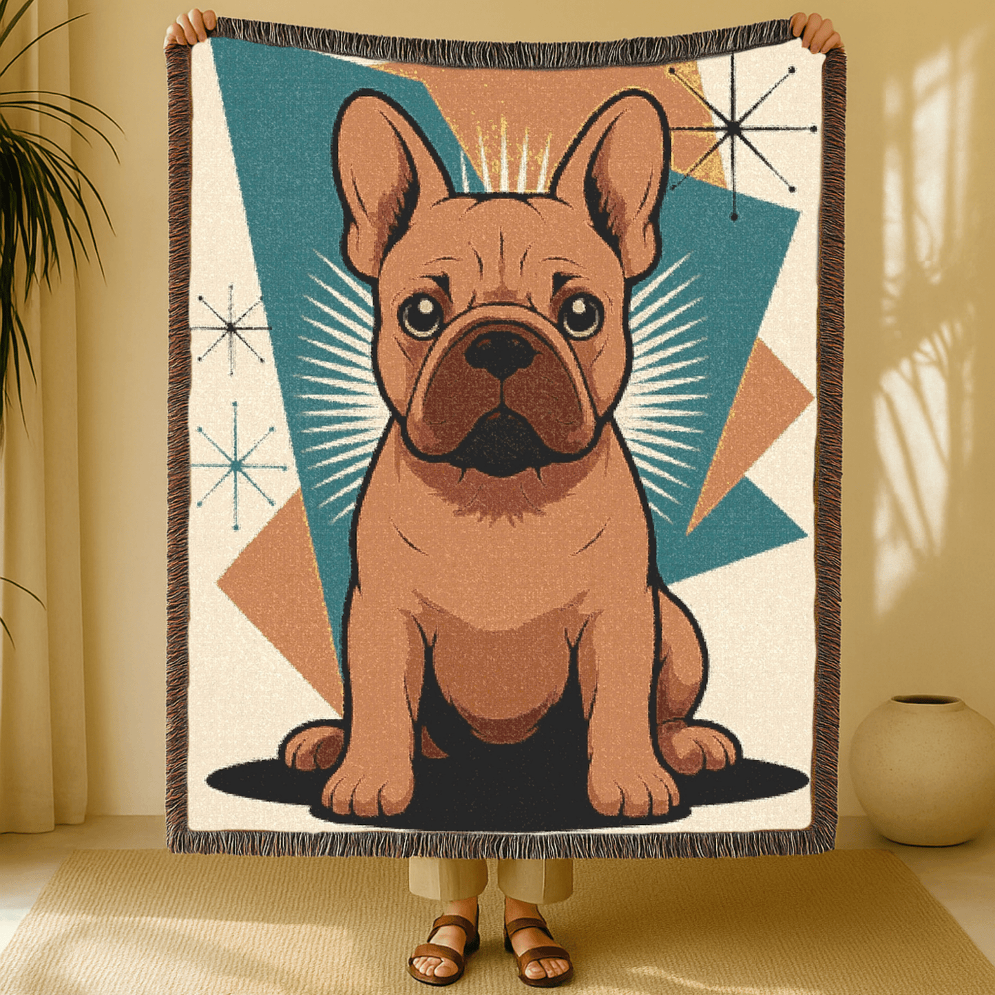 Printify Blanket Fawn French Bulldog Atomic Mid Century Modern Throw Blanket