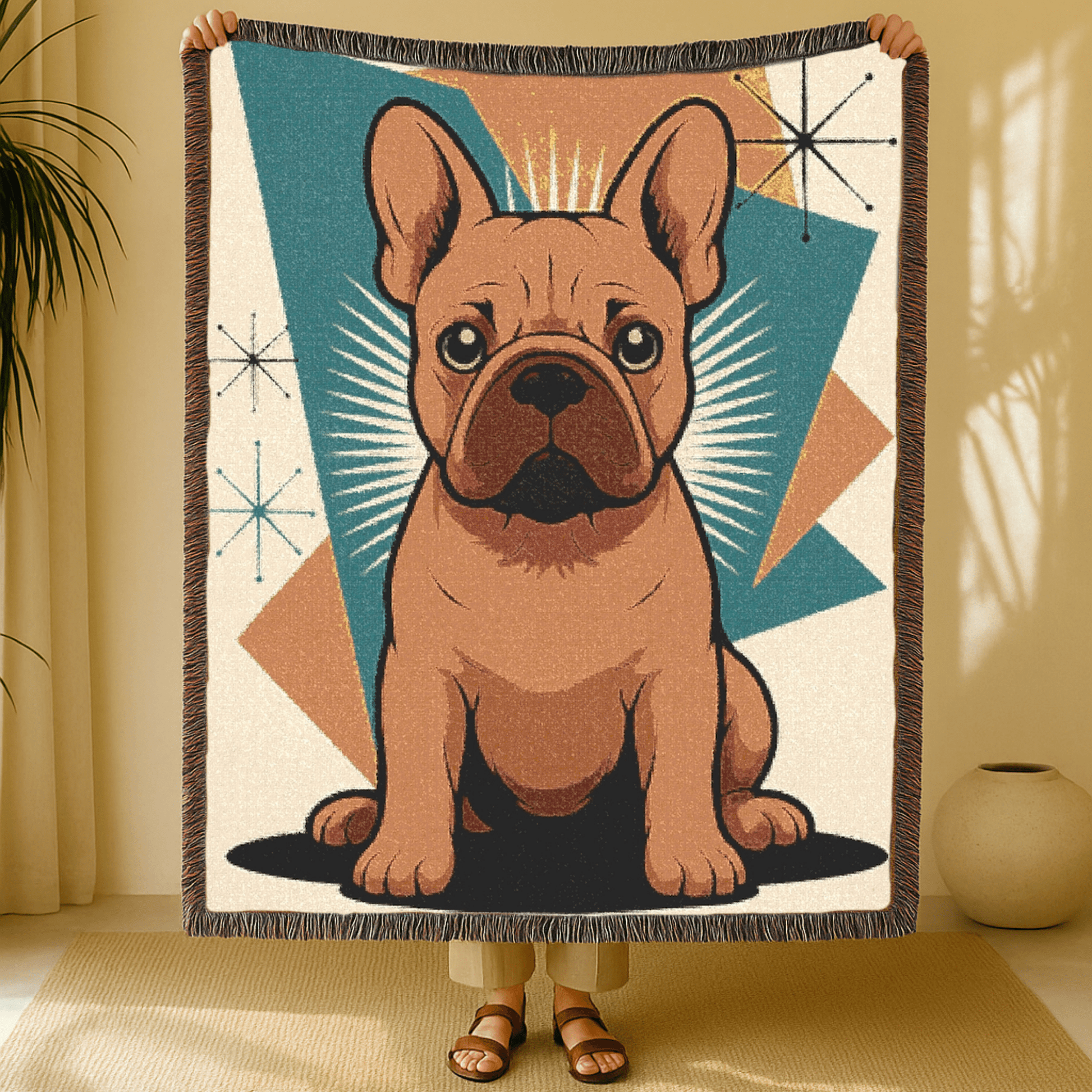 Printify Blanket Fawn French Bulldog Atomic Mid Century Modern Throw Blanket
