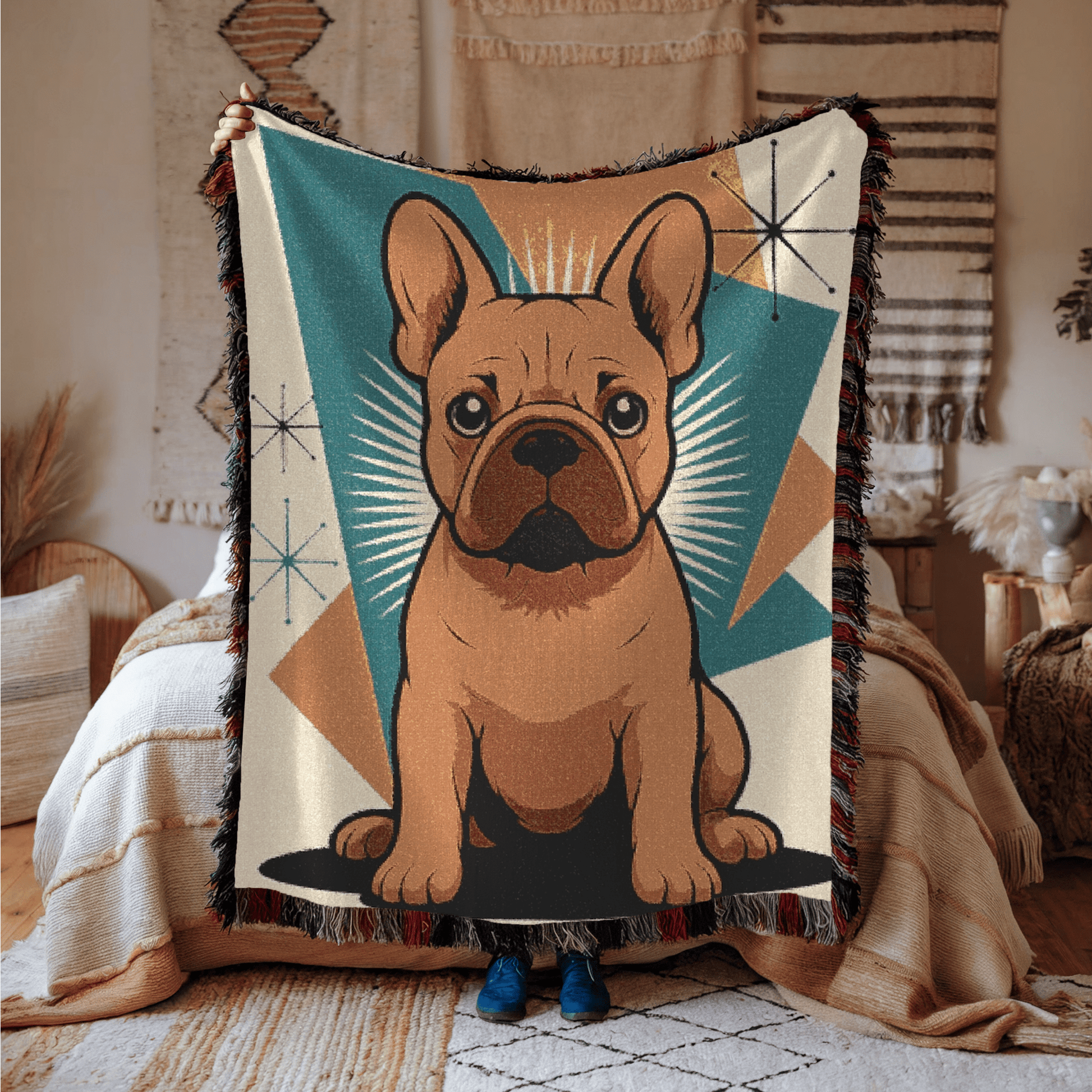 Printify Blanket Fawn French Bulldog Atomic Mid Century Modern Throw Blanket