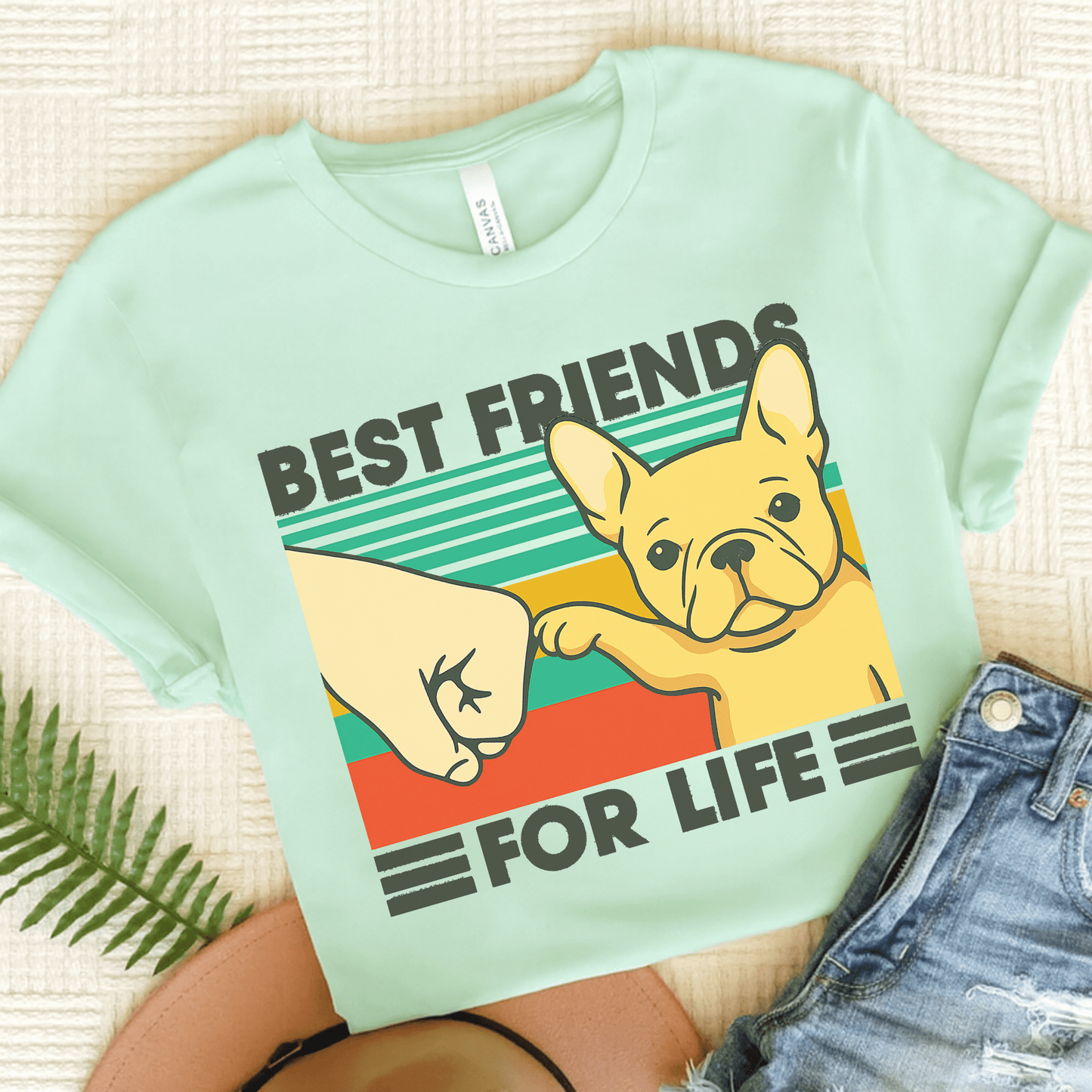 Fawn French Bulldog Bestie TShirt Heather Mint