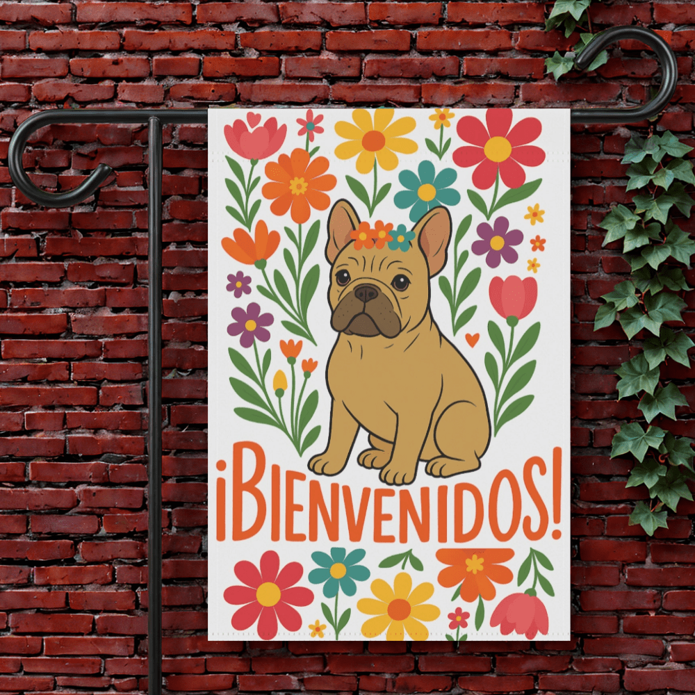 Printify Garden Flag 12'' × 18'' Fawn French Bulldog Bienvenidos Garden Flag