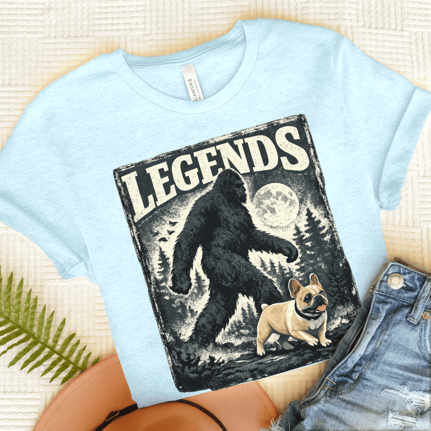 Fawn French Bulldog Bigfoot Sasquatch Unisex Tshirt Heather Ice Blue