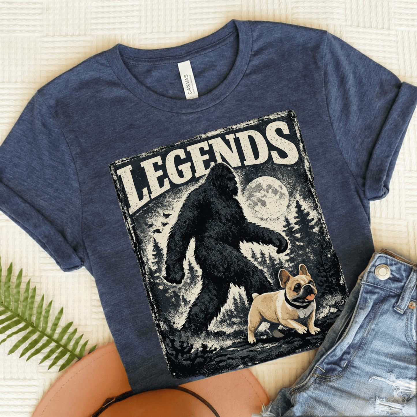 Fawn French Bulldog Bigfoot Sasquatch Unisex Tshirt Heather Navy