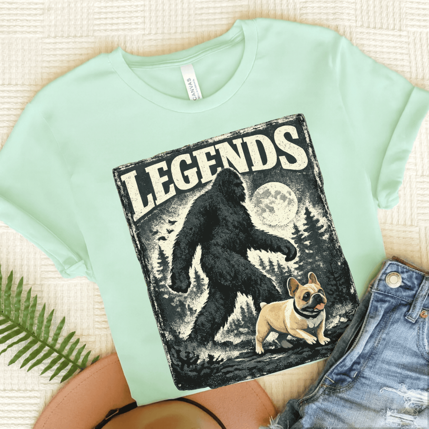 Fawn French Bulldog Bigfoot Sasquatch Unisex Tshirt Heather Mint