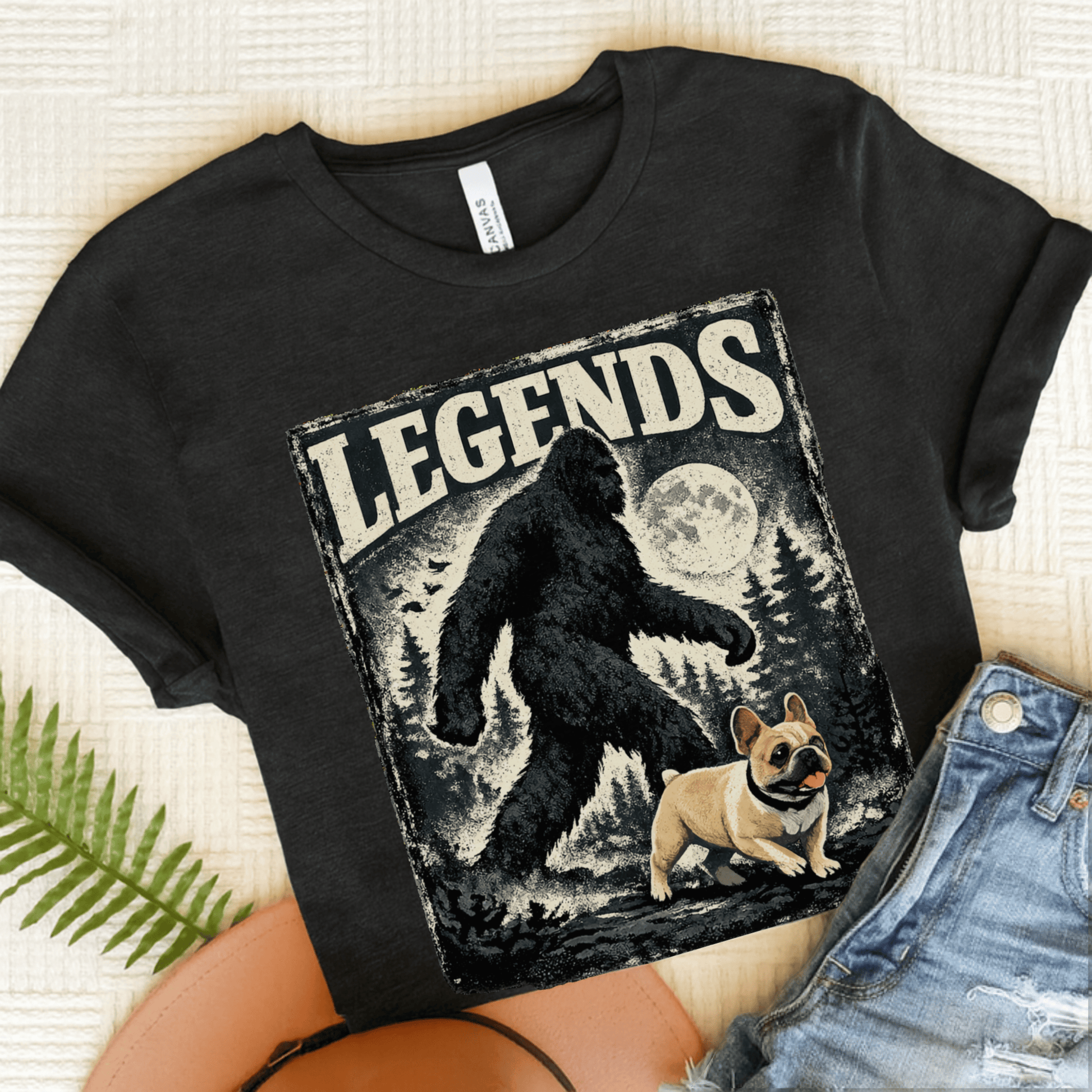 Fawn French Bulldog Bigfoot Sasquatch Unisex Tshirt Black Heather