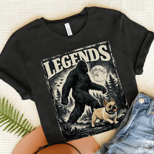 Fawn French Bulldog Bigfoot Sasquatch Unisex Tshirt Black Heather