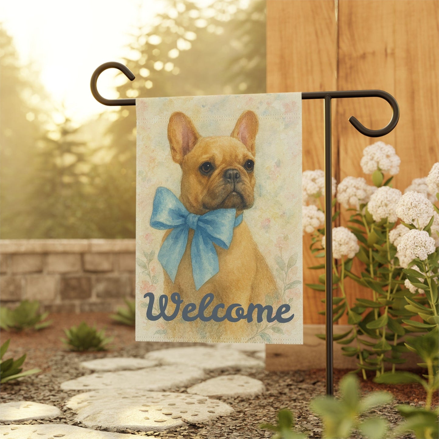 Fawn French Bulldog Blue Coquette Garden Flag