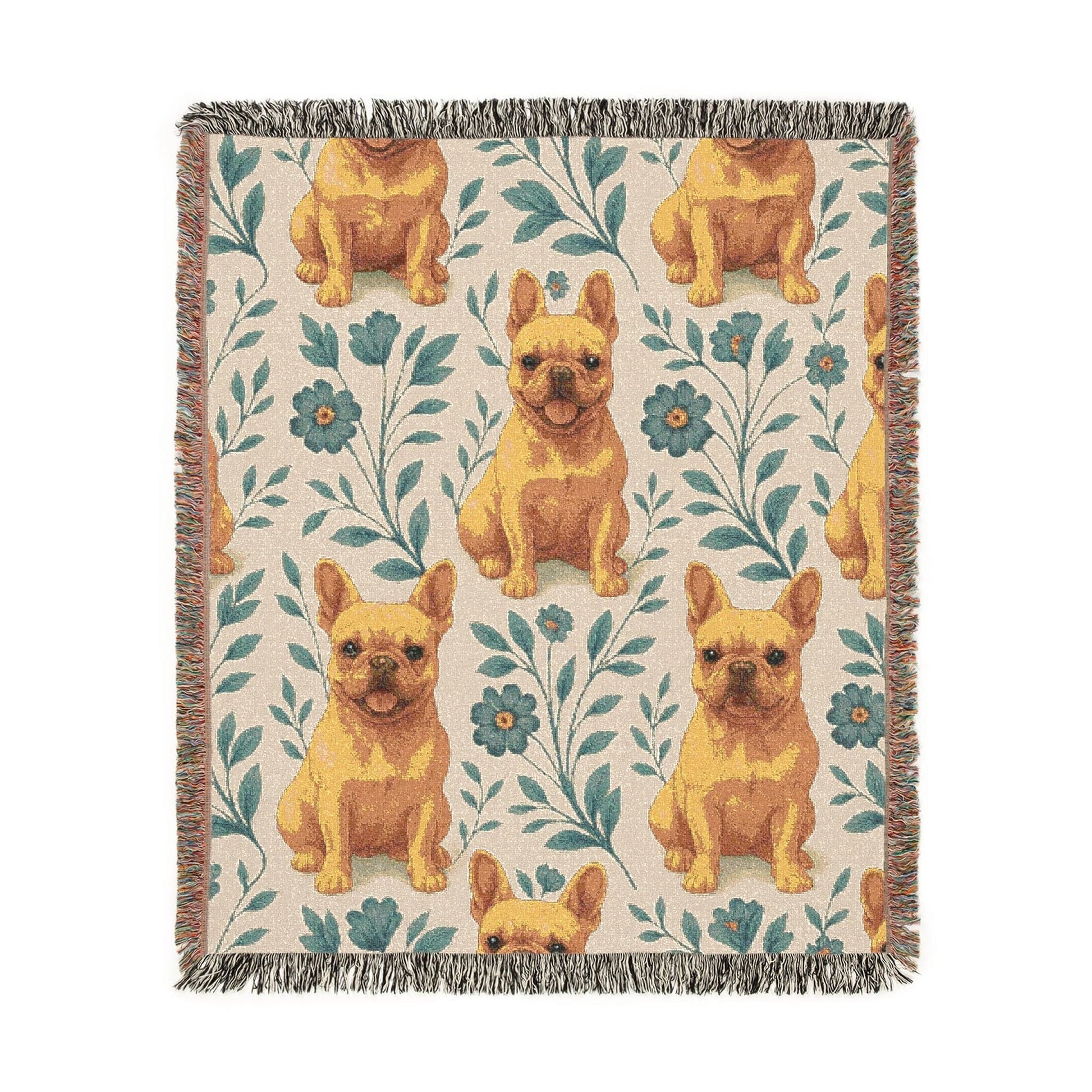 Printify Blanket Fawn French Bulldog Blue Floral Throw Blanket